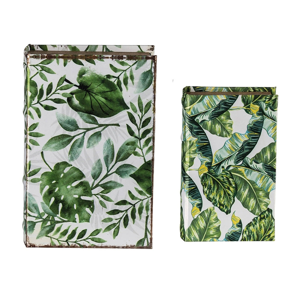 Set Of 2 Botanical Green And White Book Boxes, L:11X7X3" S:8X5X2" White Green Mdf