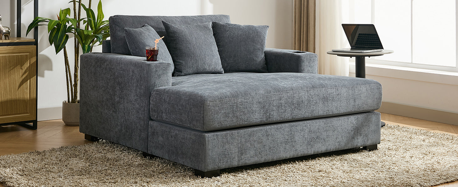 55" Oversized Chaise Lounger Modern Style Sofa Couch ,With Pillows, Charge Station & Cup Holders, Chenille Fabric, Blue Gray Blue Gray Chenille