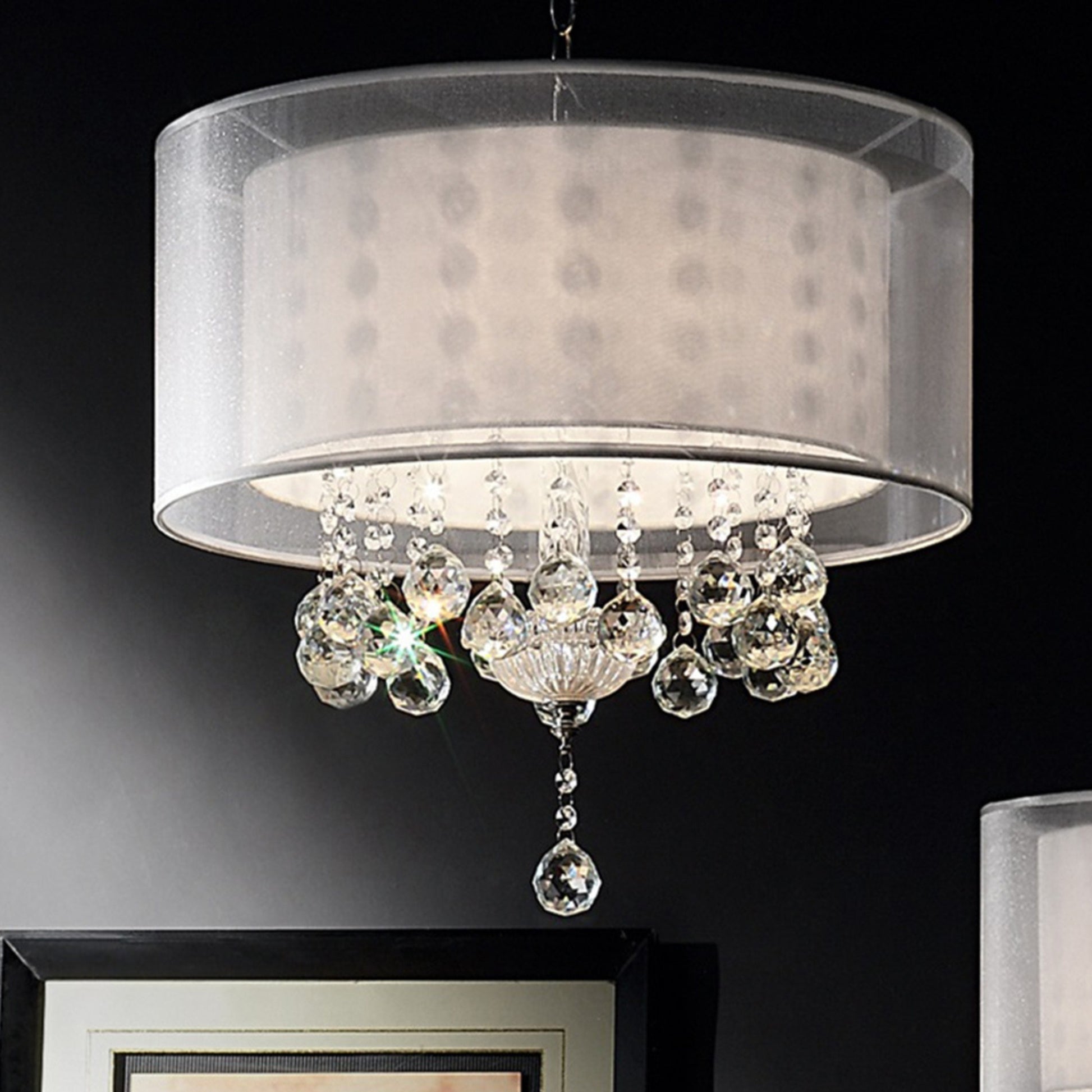 19" Tall Ceiling Lamp "Moiselle", Silver And Crystal Accents, Silvery Shade Multicolor Metal