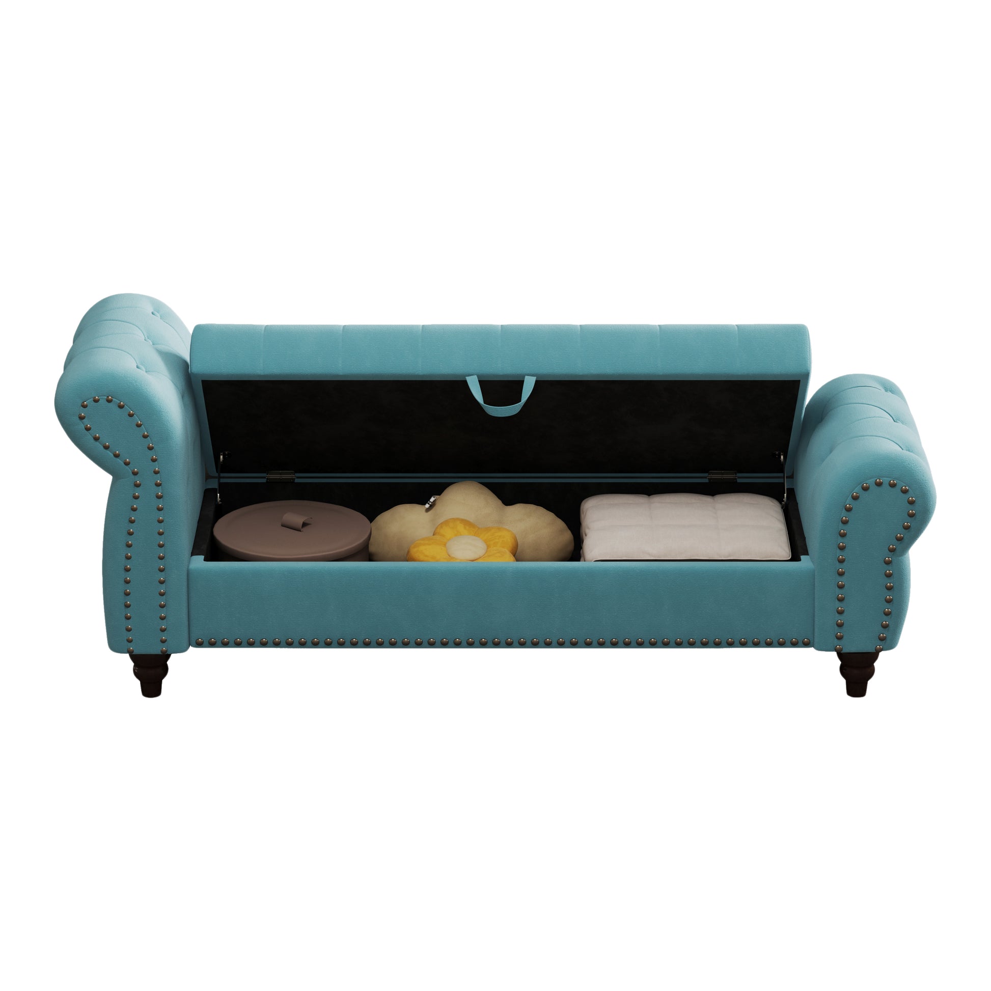 64.5" Bed Bench For Bed Room Nails Tufted Chaise Of Lounge With Storage Velvet Upholstery Lake Blue Lake Blue Foam Velvet