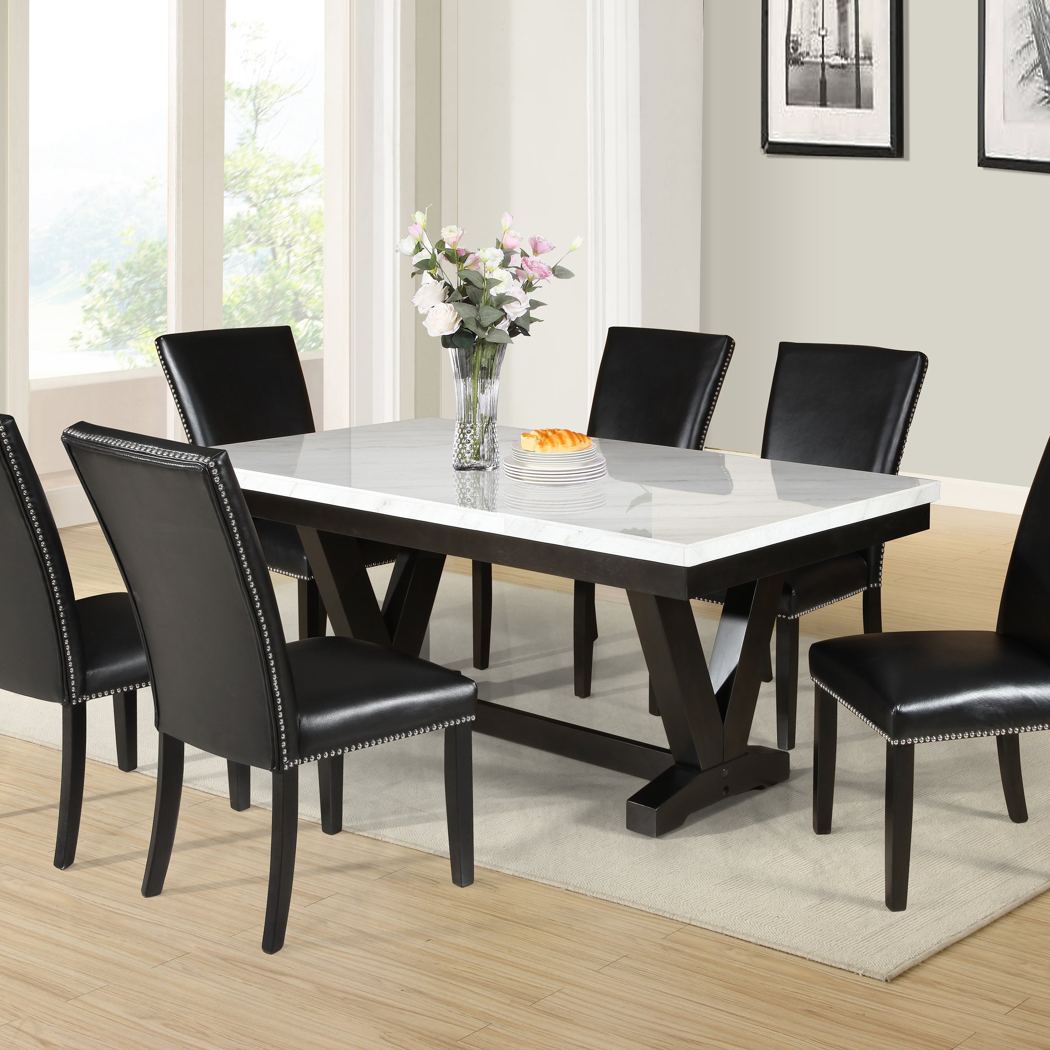 Finley 7 Piece Dining Set White Table & Black Chair White White Marble