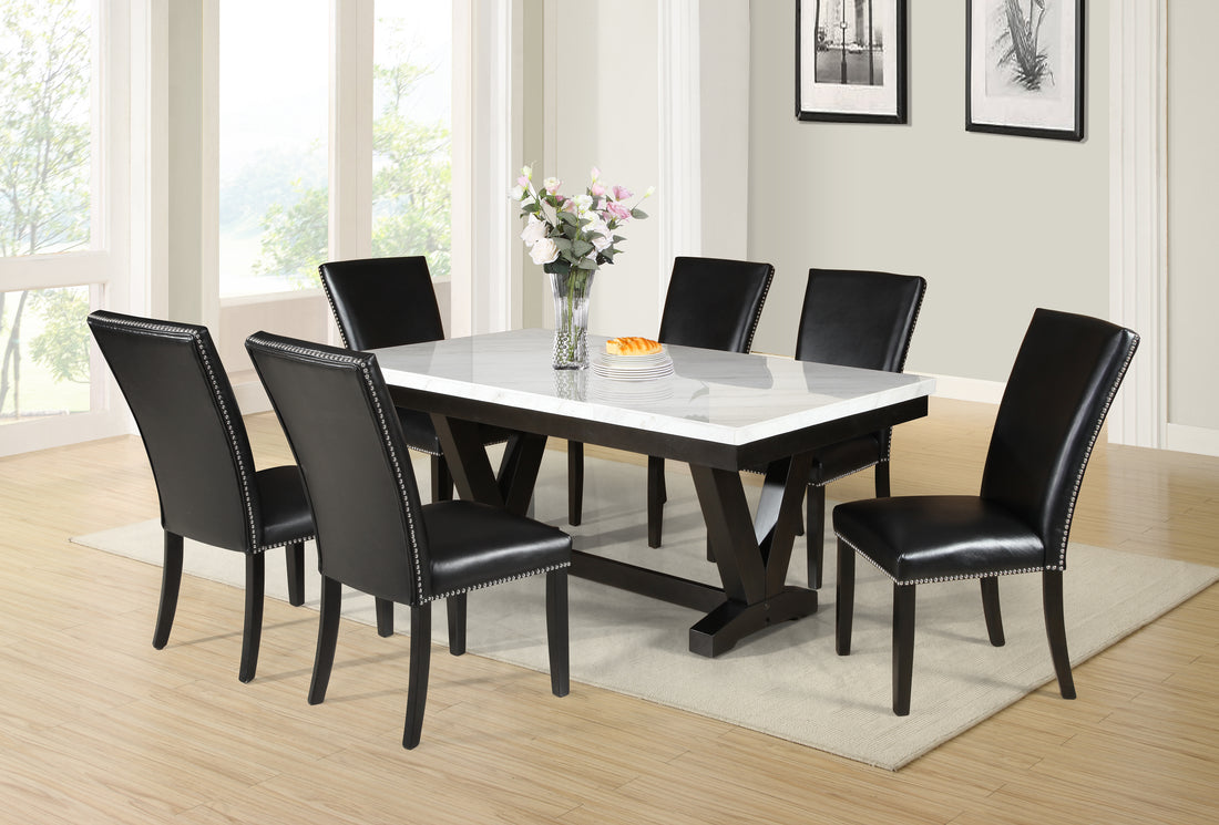 Finley 7 Piece Dining Set White Table & Black Chair White White Marble