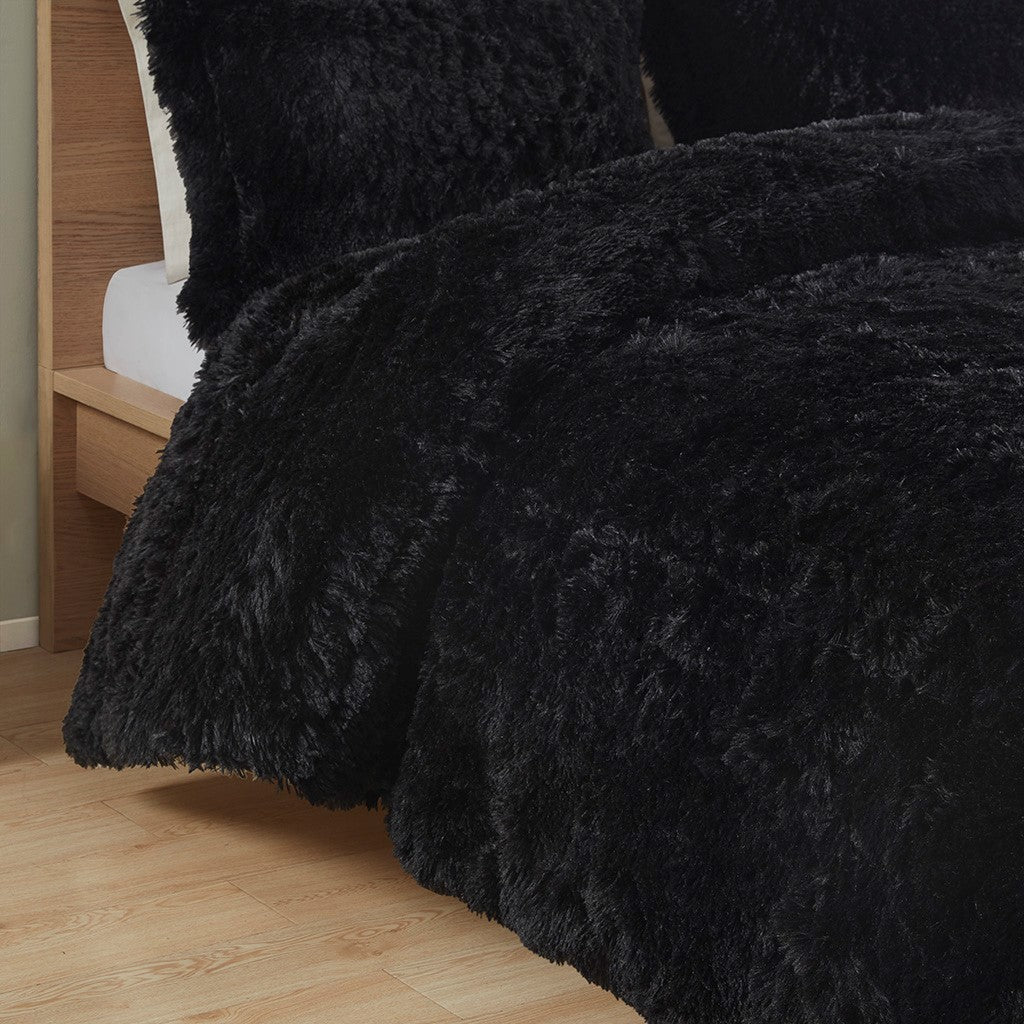 Shaggy Long Fur Comforter Mini Set Twin Black Polyester