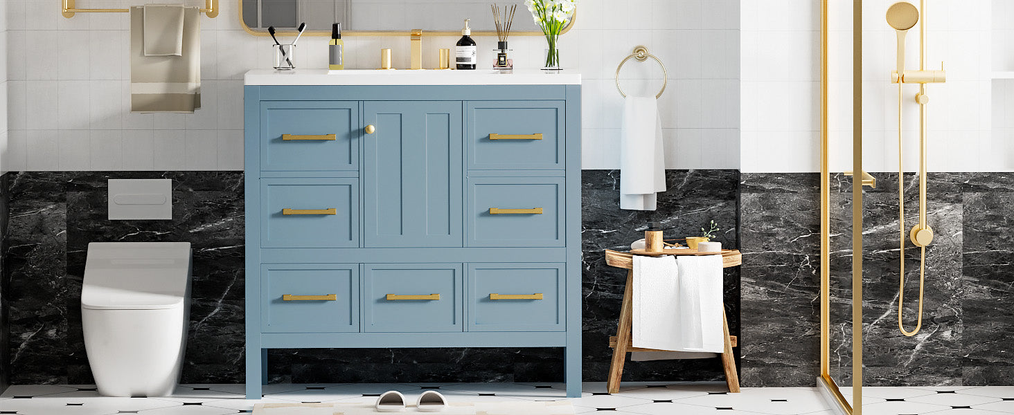 36'' Bathroom Vanity With Resin Sink Combo, Solid Wood Frame Bathroom Storage Cabinet, Freestanding Vanity Set With 5 Drawers& Soft Closing Doors Same As N710S136002M Blue Bathroom Solid Wood Mdf Resin