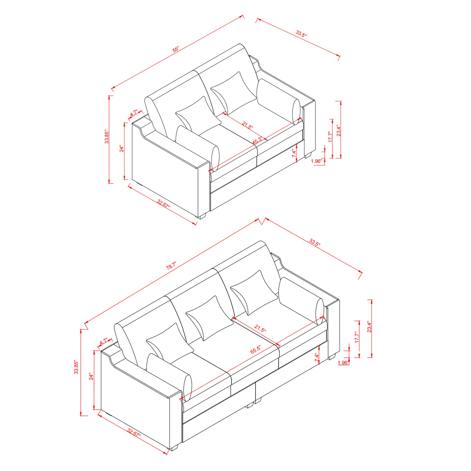 2 Pieces Sofa Couch 3 Seater And Loveseat With Pillows Polyester Upholstered Duck Down Filled Cushion Sofa Set For Living Room Apartment,Grey Grey Polyester Wood Primary Living Space Soft Cushion Back Foam Polyester 5 Seat