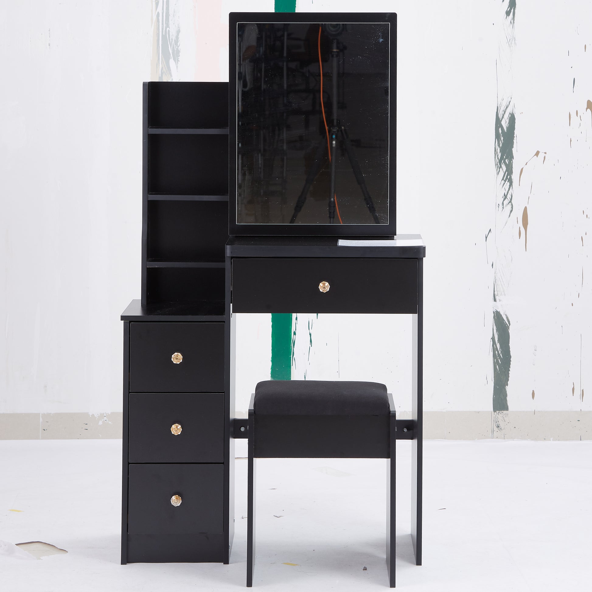 Small Size Left Bedside Cabinet Vanity Table Cushioned Stool, Extra Large Sliding Mirror, Multi Layer, High Capacity Storage Fashionable Dresser, Suitable For Small Space, Epa,Gcc,Ul Certificate