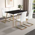 Table And Chair Set. 1 Table With 4 White Pu Chairs. Modern Minimalist Rectangular Black Imitation Marble Dining Table, With Golden Metal Legs. Paired With 4 Chairs With Golden Legs.Dt 1544 C001 Black Gold Glass Metal