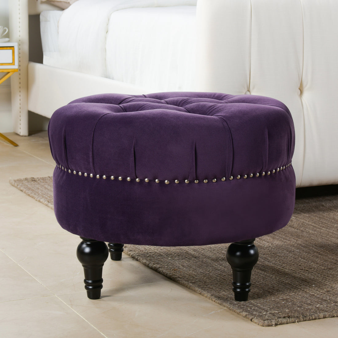 Dawn Tufted Round Ottoman Accents, Purple Velvet Purple Foam Velvet