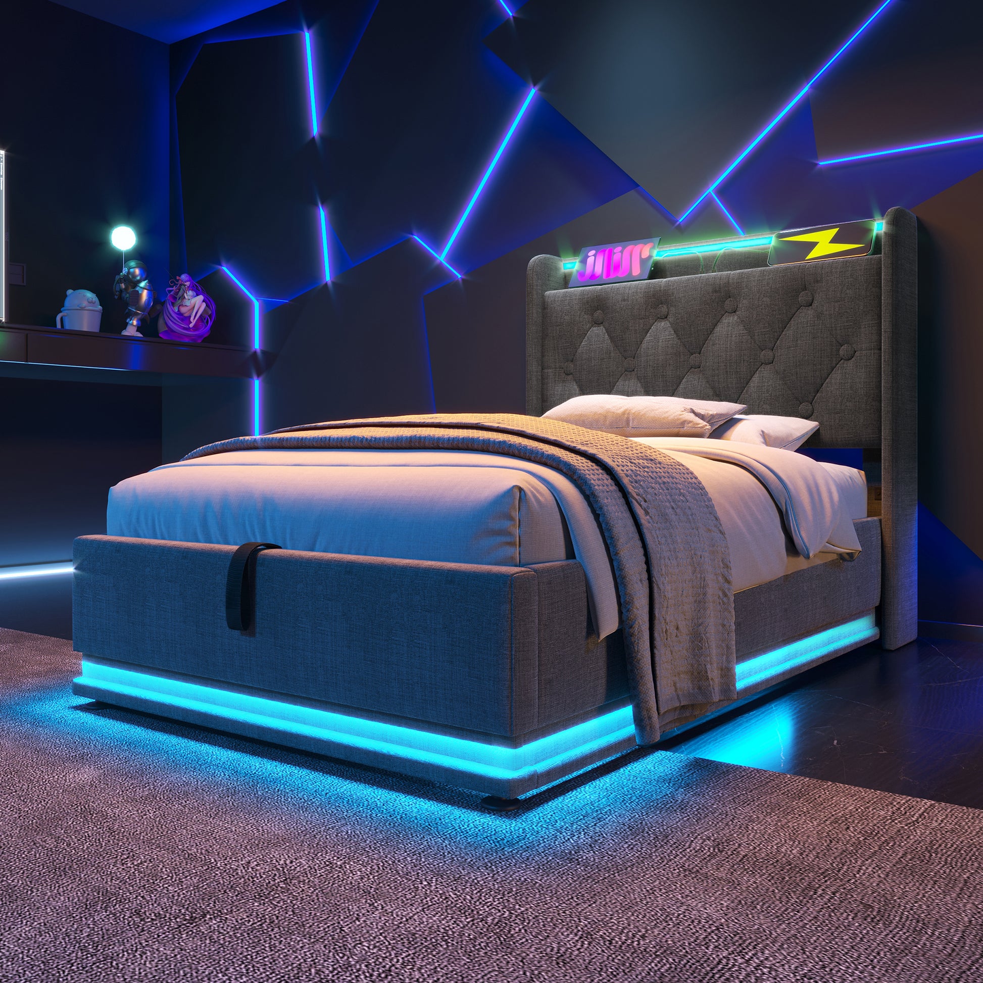 Twin Size Upholstered Bed, 360 Surround Led Function, Buttons Apps Remote Control, Hydraulic Storage Bed With Usb Type C Charging, Gray,Linen Without Mattress Twin Gray Linen