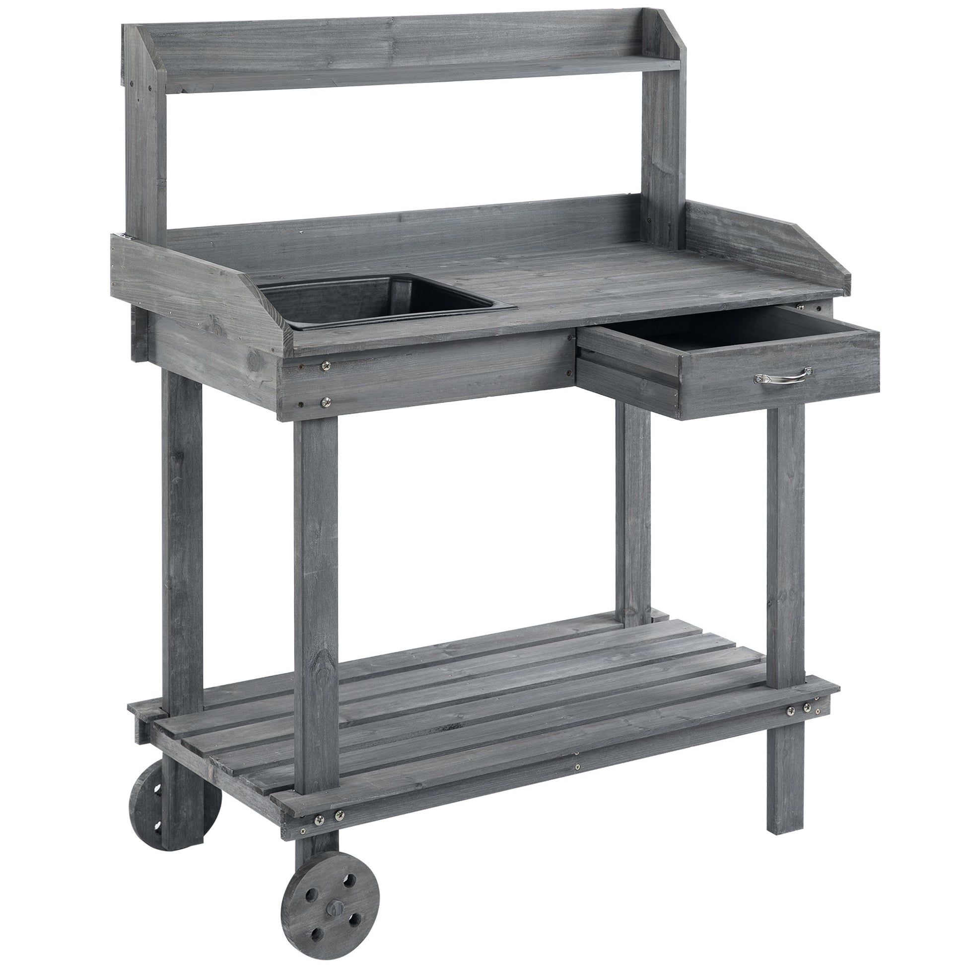 Outsunny 36'' Wooden Potting Bench Work Table With 2 Removable Wheels, Sink, Drawer & Large Storage Spaces, Gray Gray Wood