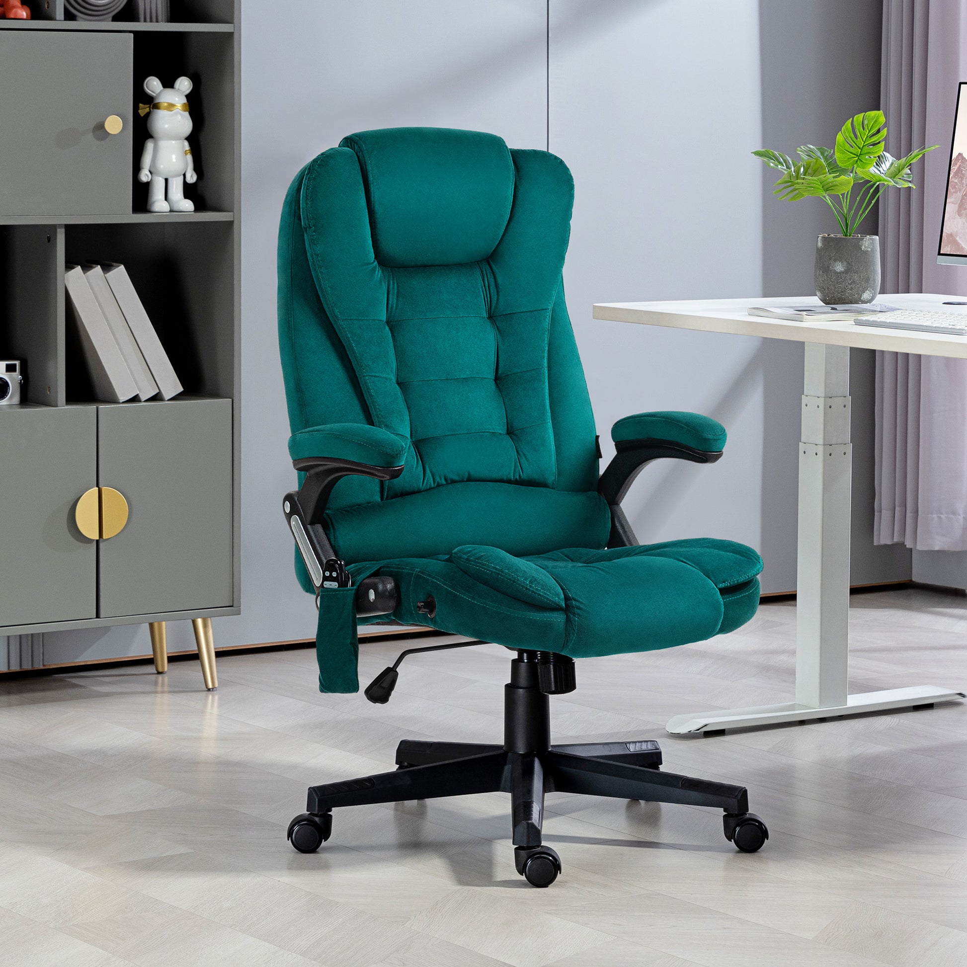 Homcom 6 Point Vibrating Massage Office Chair With Heat, Velvet High Back Executive Office Chair With Reclining Backrest, Padded Armrests And Remote, Dark Green Dark Green Polyester