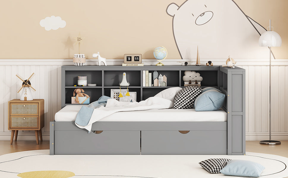 Wooden Twin Size Daybed With 2 Drawers, Daybed With Storage Shelf And Usb Charging Ports,Grey Twin Grey Wood