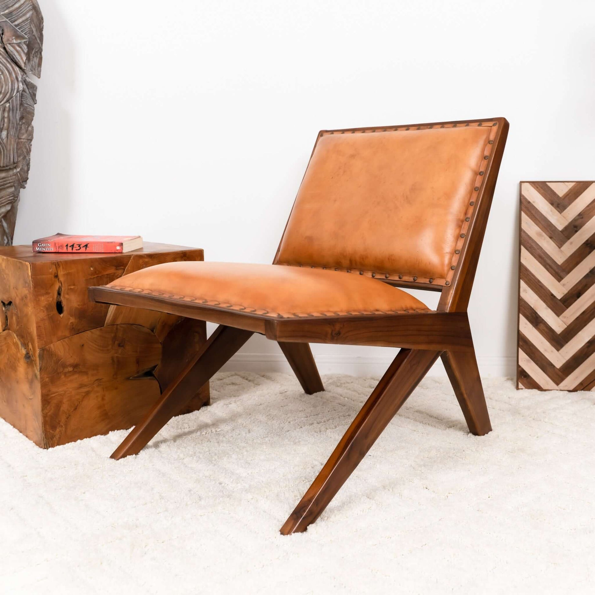 Colin Tan Leather Lounge Chair Brown,Rustic,Tan Brown Mid Century Modern Foam Genuine Leather,Solid Wood