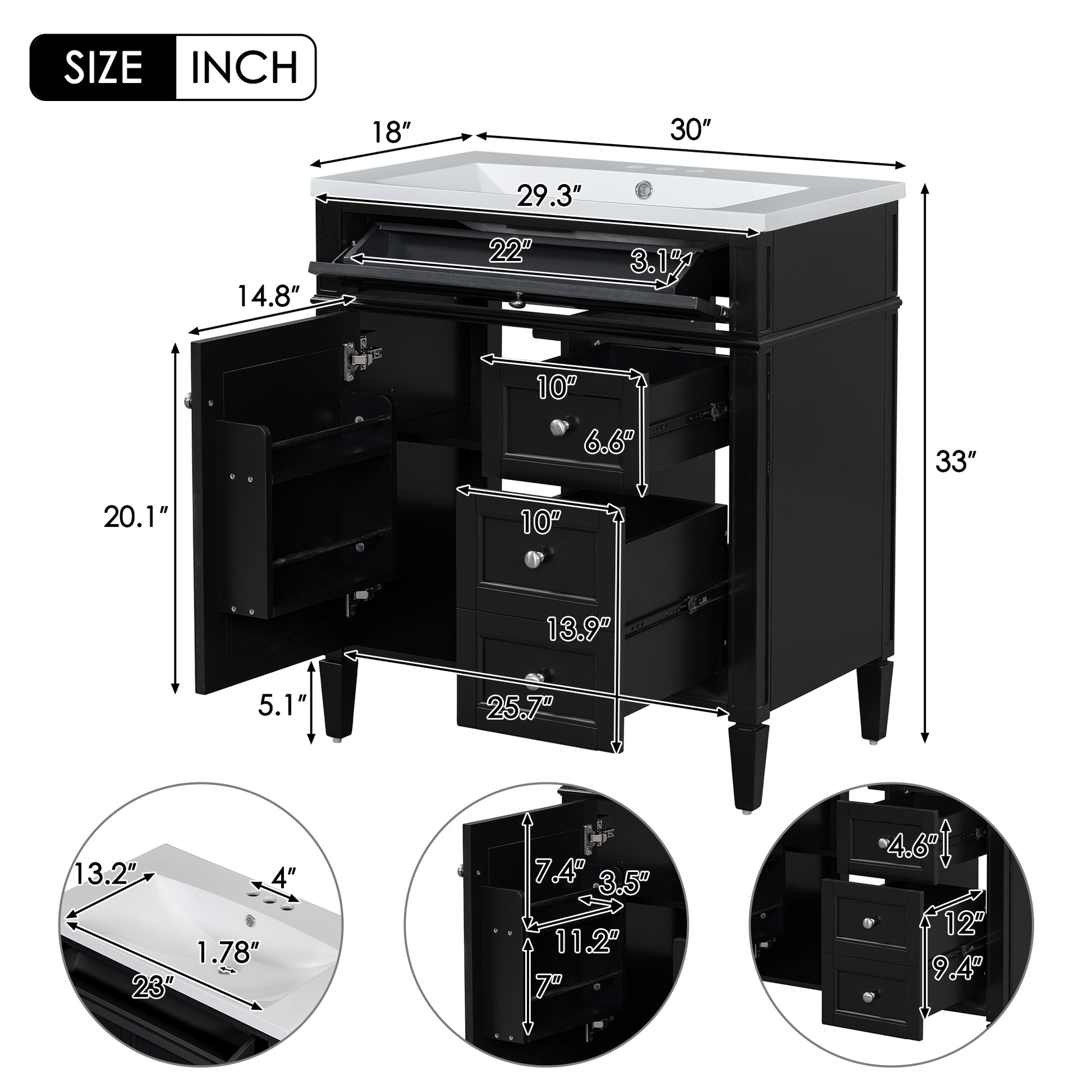 30'' Bathroom Vanity With Top Sink, Modern Bathroom Storage Cabinet With 2 Drawers And A Tip Out Drawer, Single Sink Bathroom Vanity Black Bathroom Solid Wood Mdf