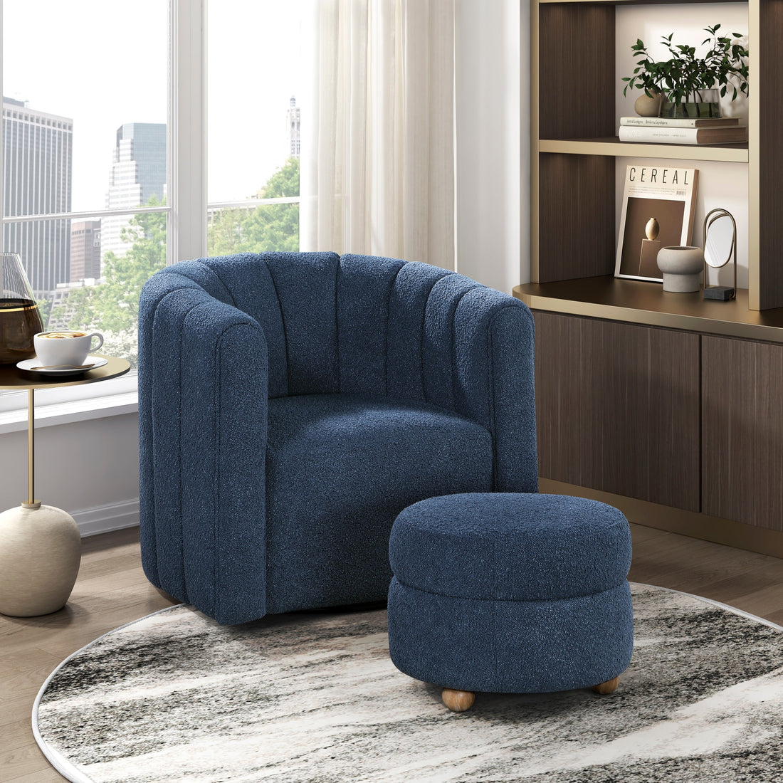 Modern Contemporary Swivel Chair With Ottoman Blue Boucle Fabric Upholstery Solid Wood Living Room Furniture Blue Primary Living Space Contemporary,Modern Plywood,Solid Wood