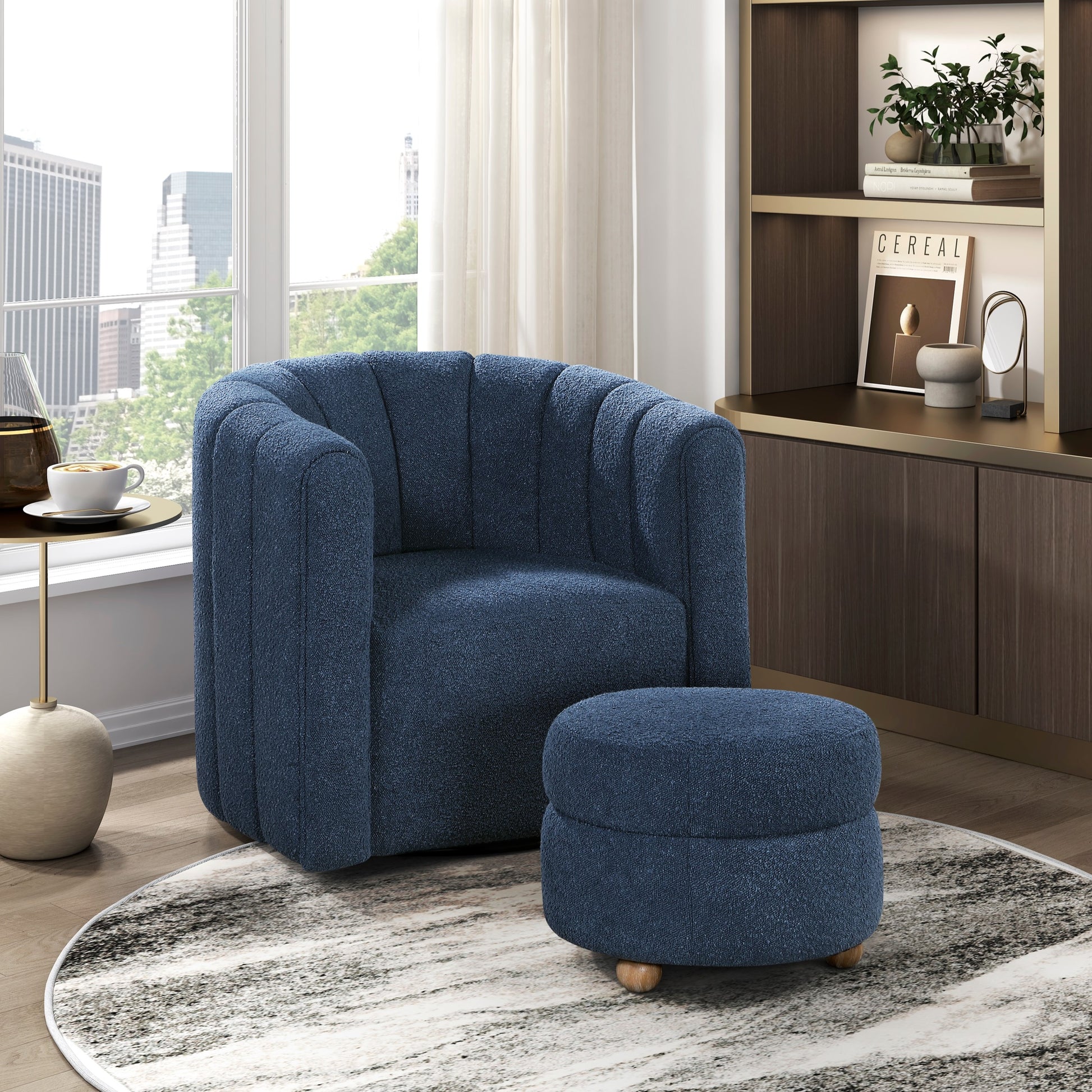Modern Contemporary Swivel Chair With Ottoman Blue Boucle Fabric Upholstery Solid Wood Living Room Furniture Blue Primary Living Space Contemporary,Modern Plywood,Solid Wood