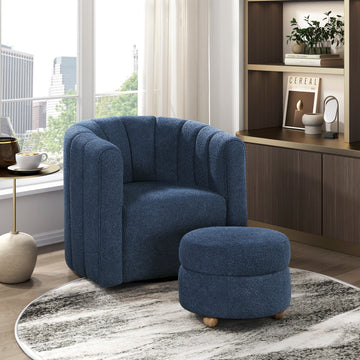 Modern Contemporary Swivel Chair With Ottoman Blue Boucle Fabric Upholstery Solid Wood Living Room Furniture Blue Primary Living Space Contemporary,Modern Plywood,Solid Wood