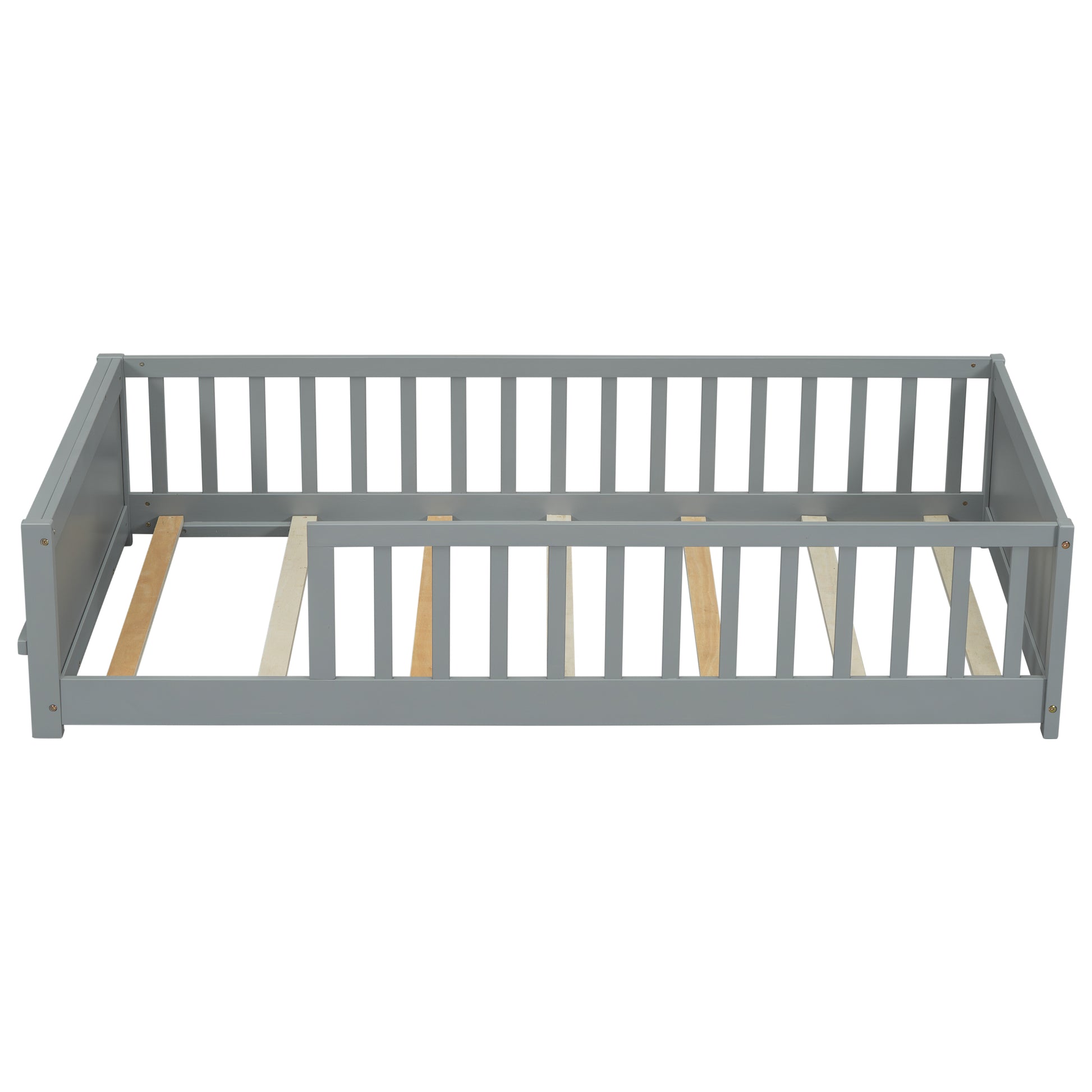 Twin Size Floor Platform Bed With Built In Book Storage Rack,Grey Twin Grey American Design Pine