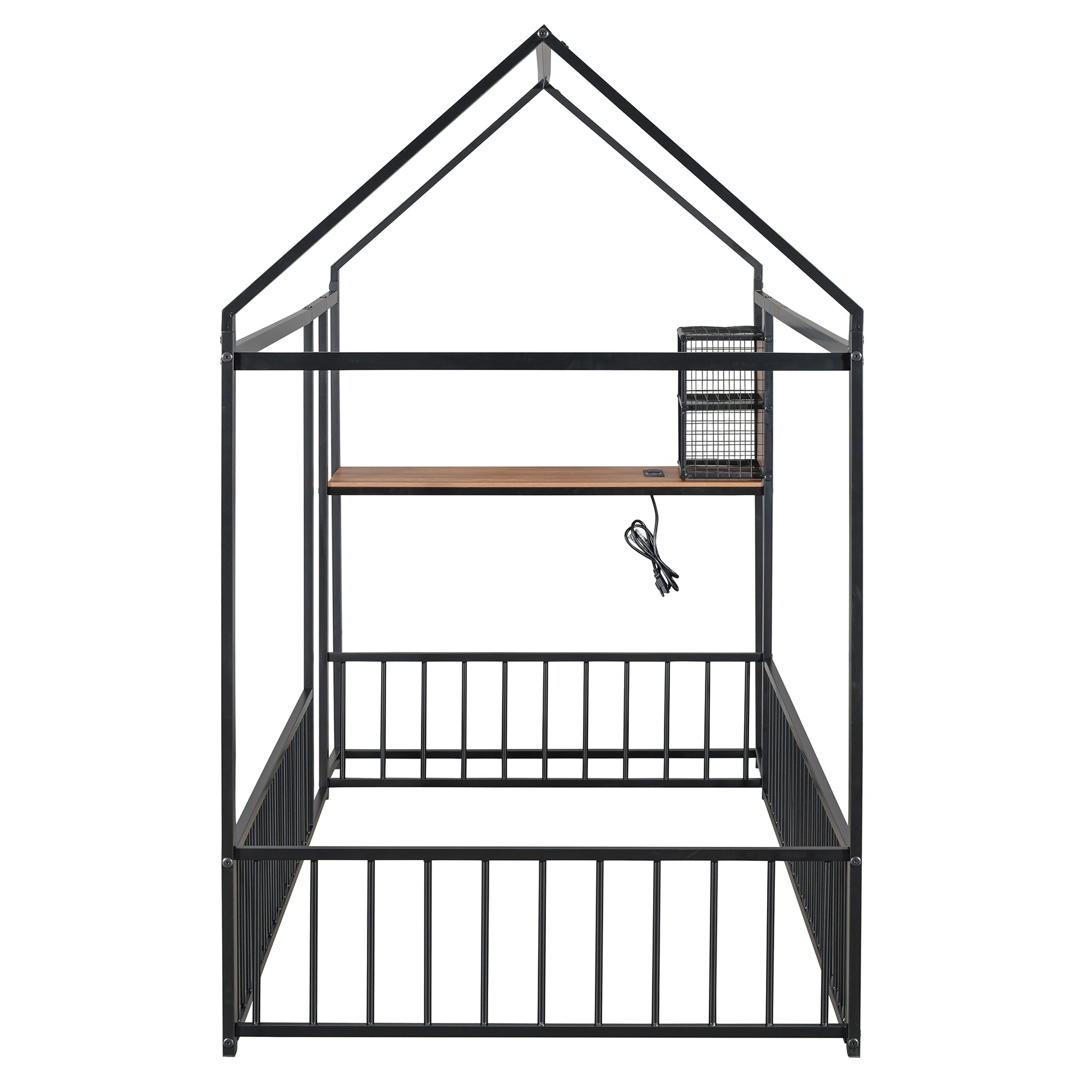 Twin Size Metal Bed House Bed Frame With Desk, Shelves, Power Outlets And Usb Ports, Black Twin Black Metal