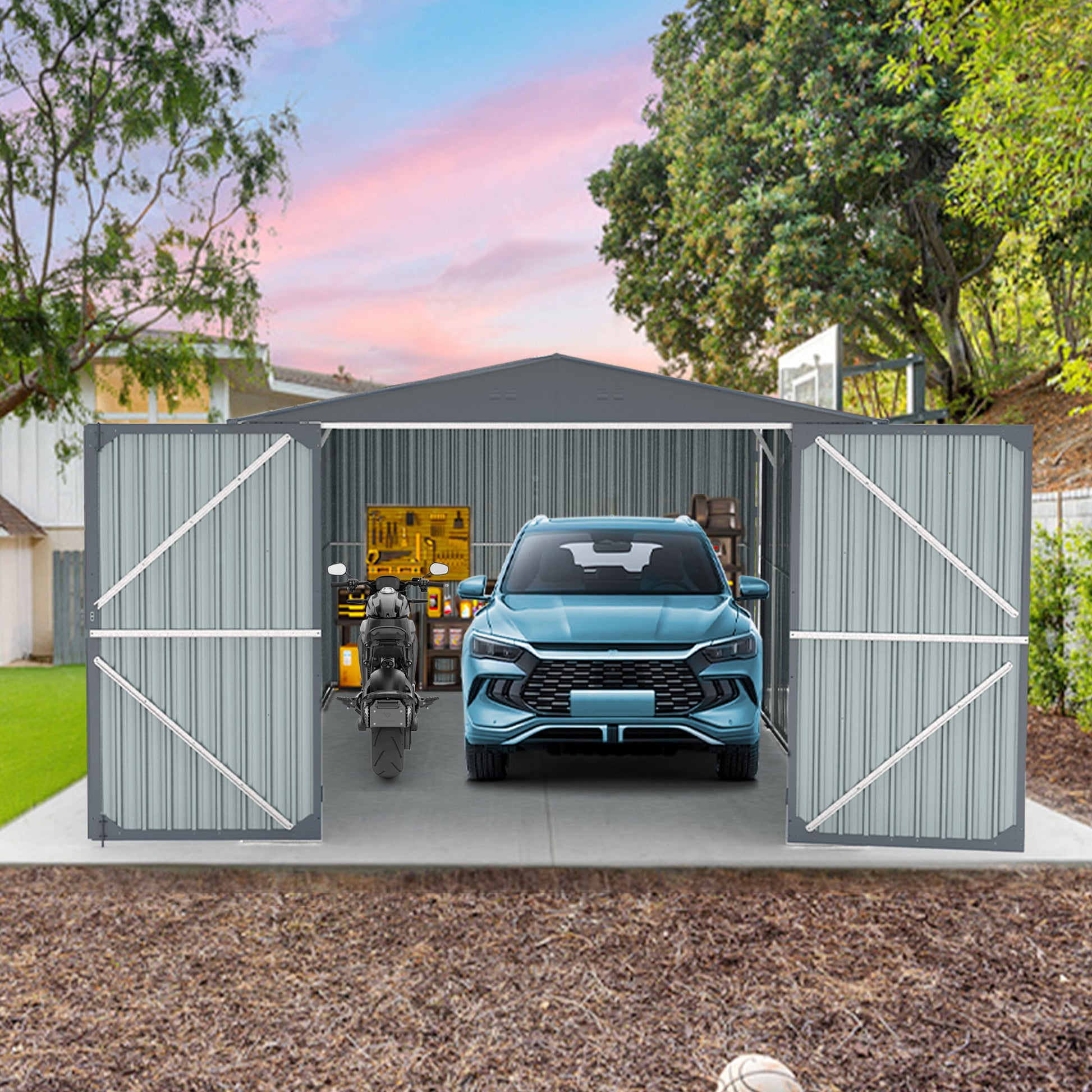 Outdoor Storage Shed 20X13 Ft, Metal Garage Shed Backyard Utility Tool House Building With 2 Doors And 4 Vents For Car,Truck,Bike, Garbage Can,Tool,Lawnmower Black American Design Metal