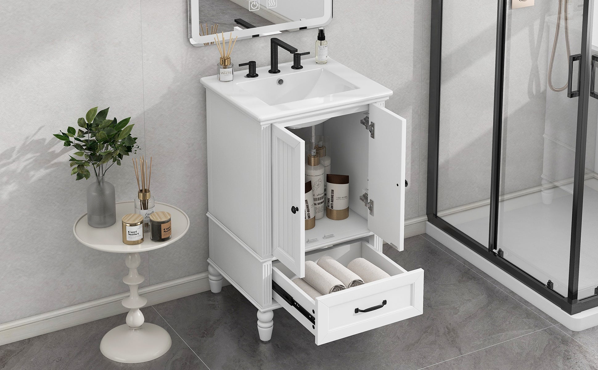 20" Bathroom Vanity With Sink, Bathroom Cabinet With Two Doors, Magnetic Door Stopper And Adiustable Foot Pads, A Drawer, White White Mdf