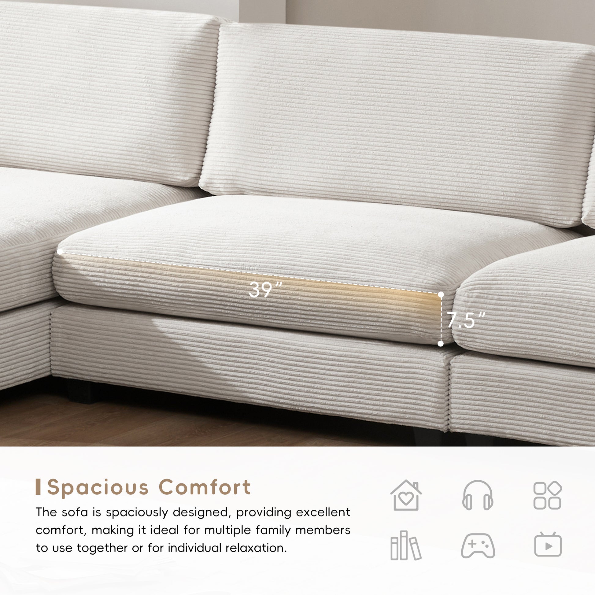 134*54"Oversized Corduroy Sectional Sofa,L Shaped Cloud Couch With Usb Charging Port,Cup Holder,Deep Seat Sofa Bed With 50" Chaise,Comfy Indoor Furniture For Living Room,3 Colors Beige Corduroy 4 Seat