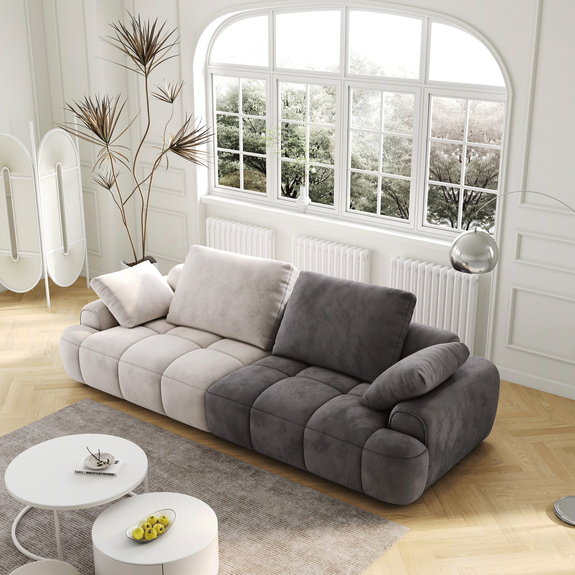 86.6 Large Size Two Seat Sofa,Modern Upholstered,Beige Paired With Grey Suede Fabric Beige Grey Velvet Wood Primary Living Space Soft Modern Eucalyptus Polyurethane Foam Eucalyptus 3 Seat