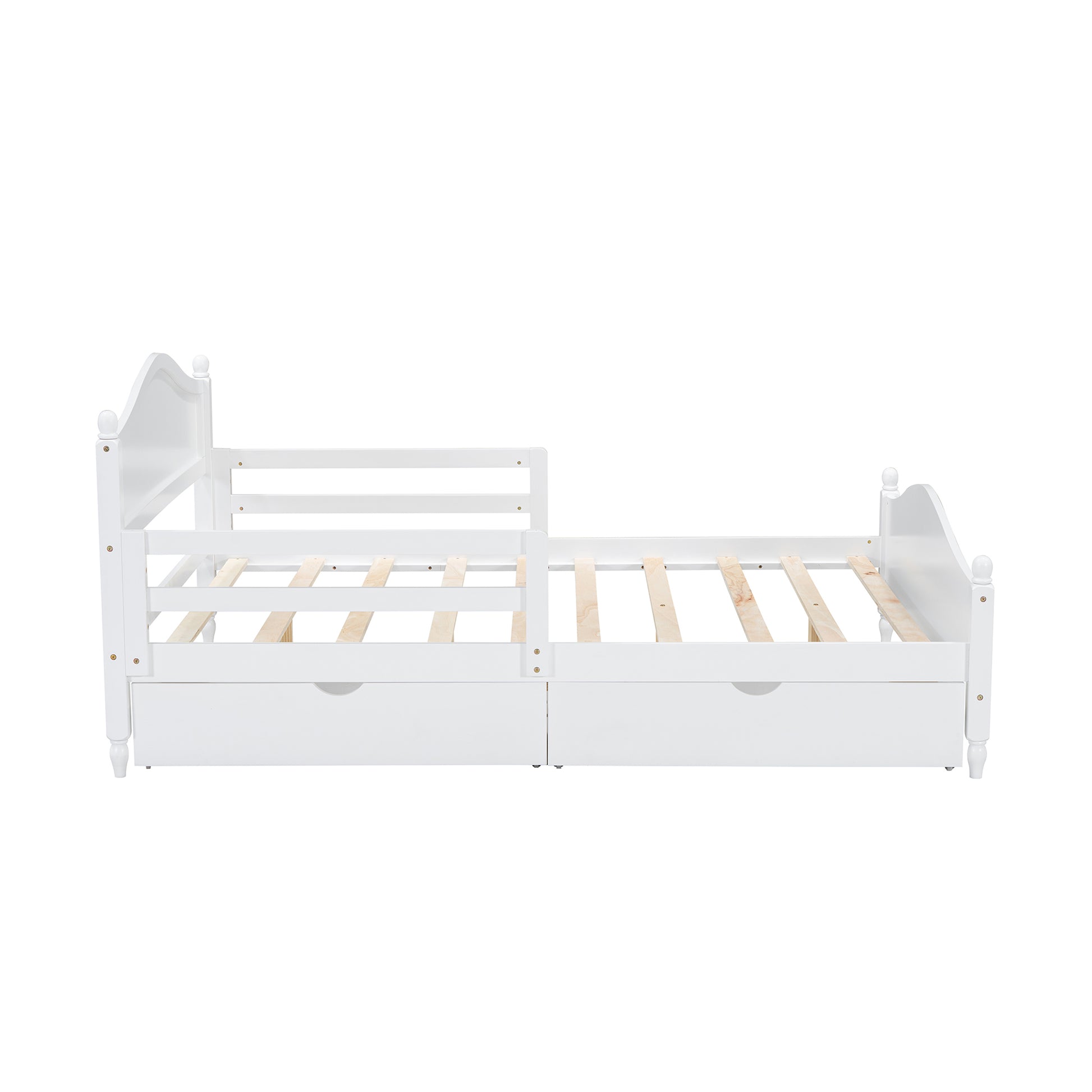 Full Size Wood Platform Bed With Guardrails On Both Sides And Two Storage Drawers ,White Full White Wood