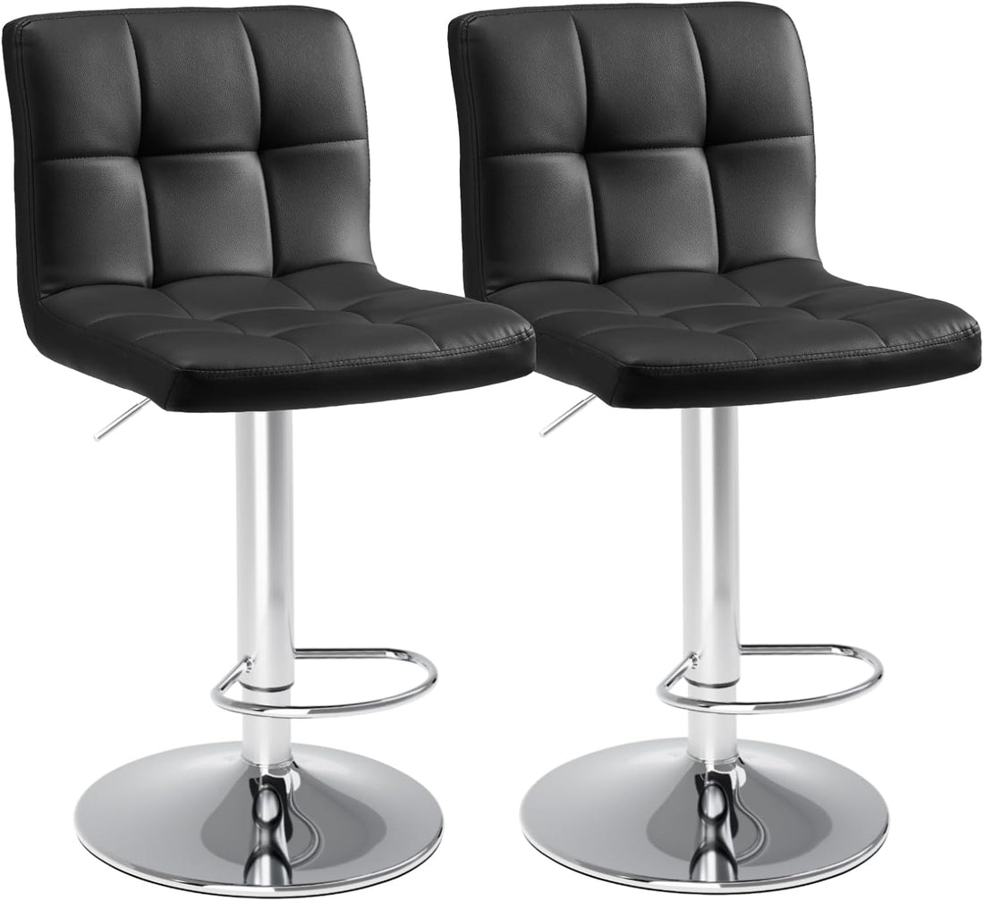 Bar Stools Set Of 2, Pu Leather Adjustable Swivel Barstools, Armless Adjustable Kitchen Counter Height Bar Stools, Thickened Seat Cushion Square Island Chairs With Back, Black Black Metal