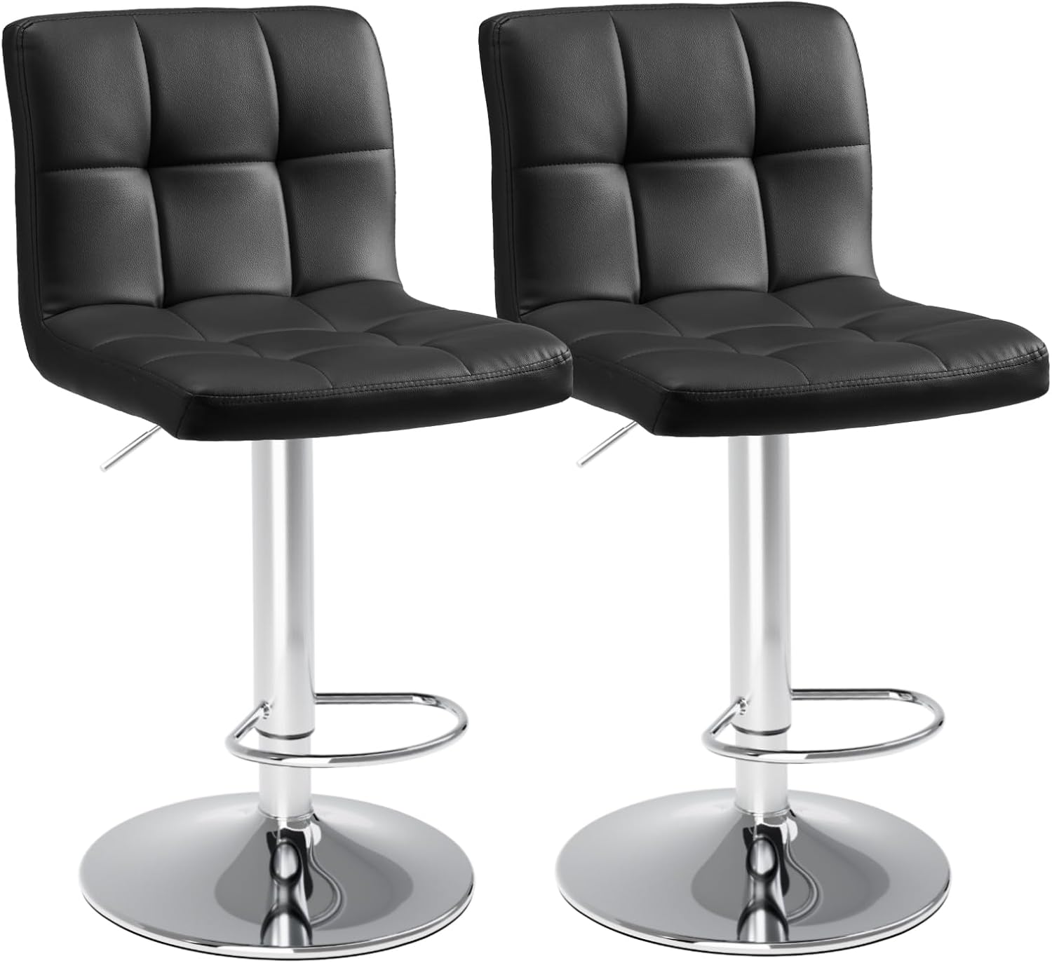 Bar Stools Set Of 2, Pu Leather Adjustable Swivel Barstools, Armless Adjustable Kitchen Counter Height Bar Stools, Thickened Seat Cushion Square Island Chairs With Back, Black Black Metal