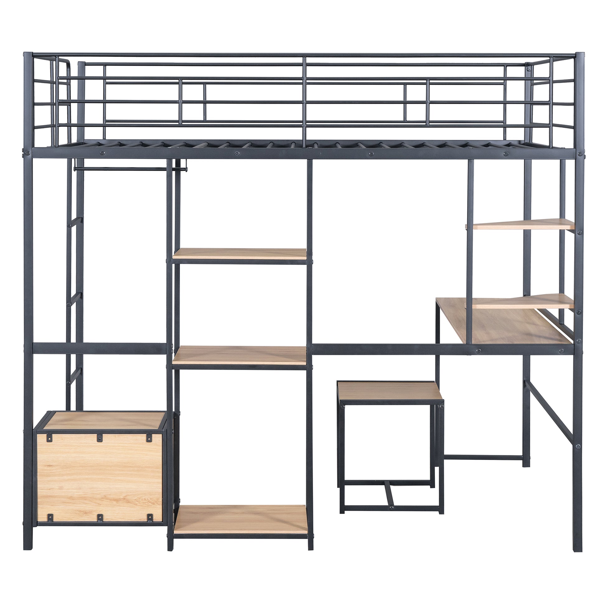 Full Size Loft Bed With Desk And Stool, Metal Loft Bed With Open Style Wardrobe, Shelves And Cabinet, Black Full Black Metal & Wood