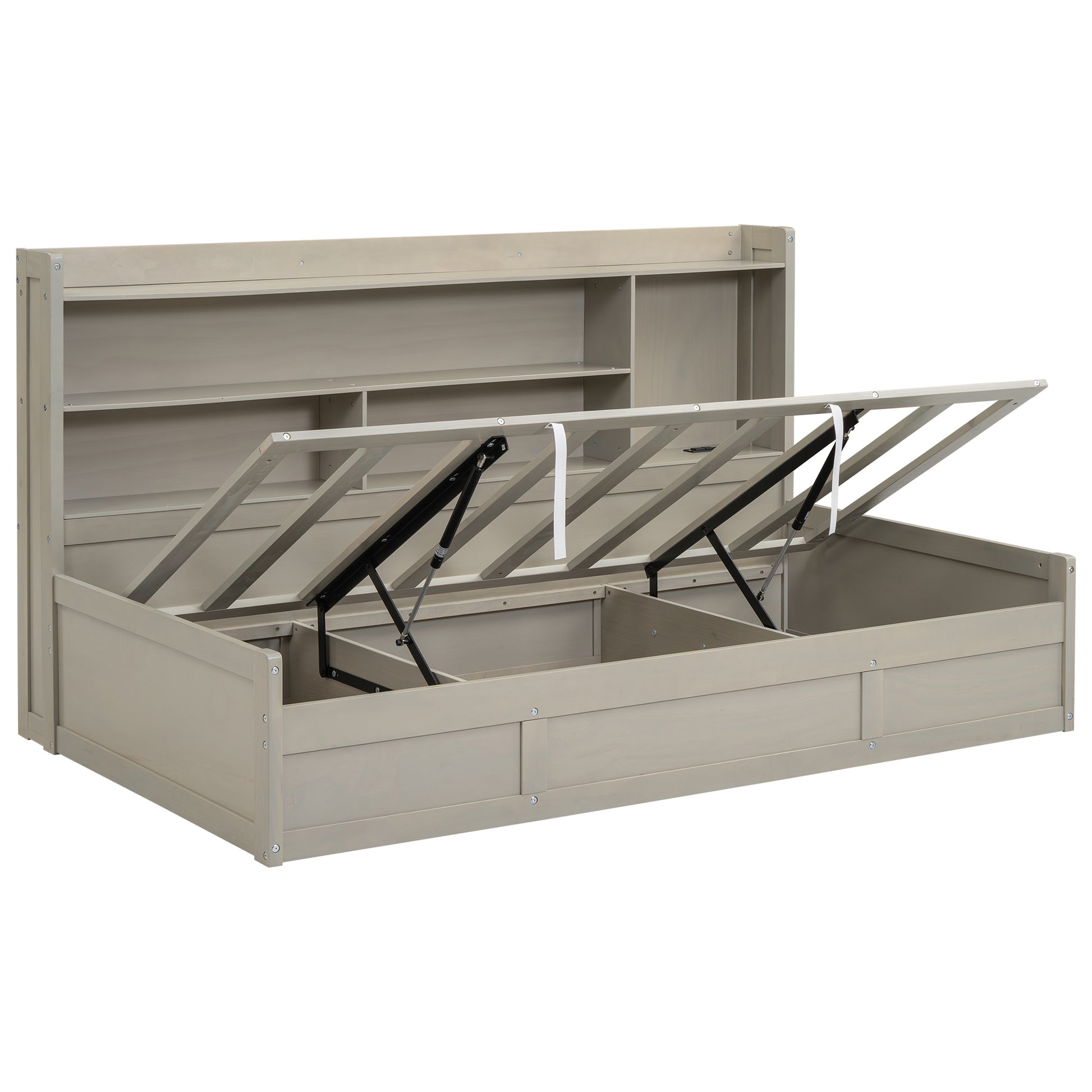 Twin Size Daybed Frame With Storage Bookcases And Underneath Storage, Usb Charging Station, Gray Twin Light Grey Solid Wood Mdf