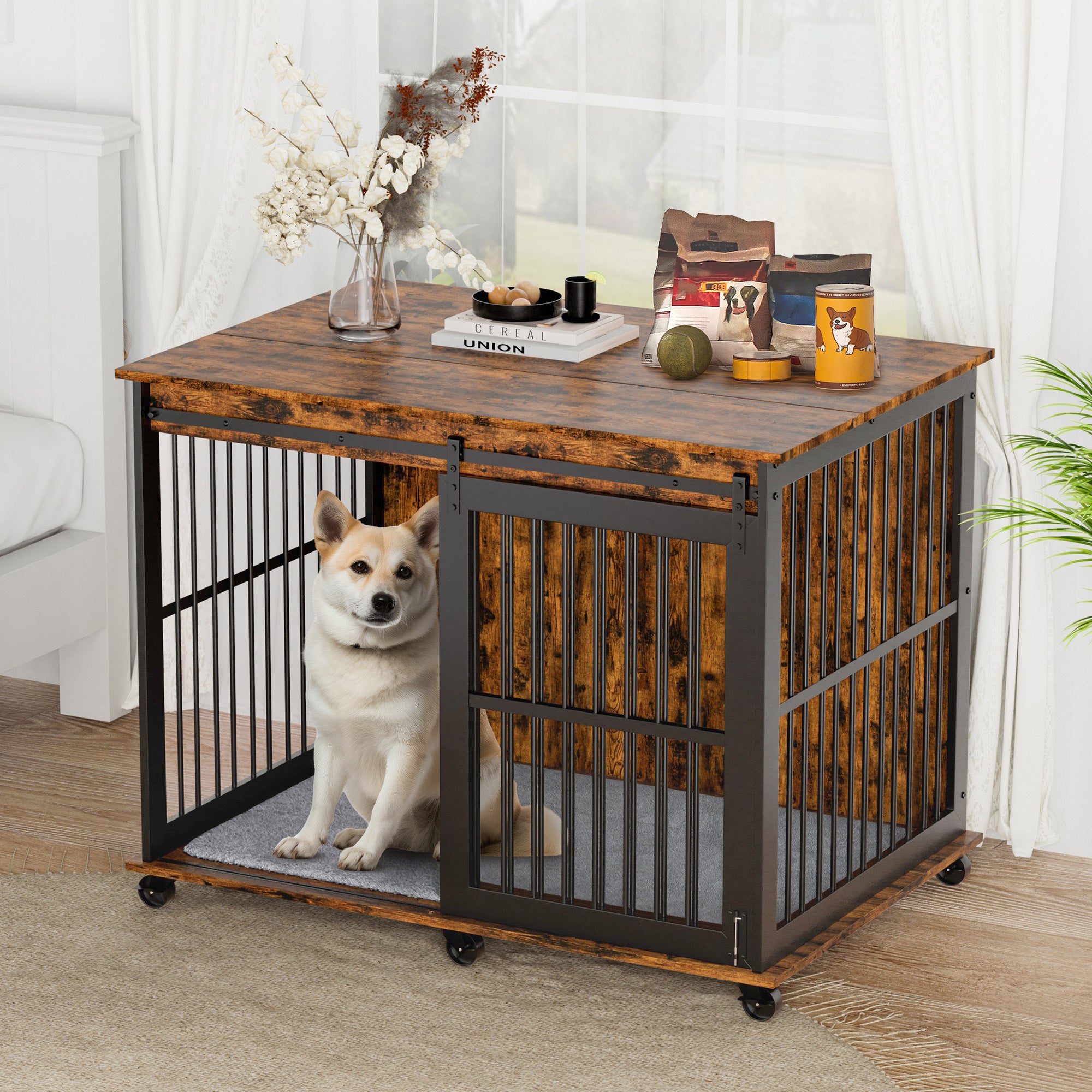 Furniture Dog Crate Sliding Iron Door Dog Crate With Mat. Rustic Brown,43.7''W X 30''D X 33.7''H . Rustic Brown Particle Board