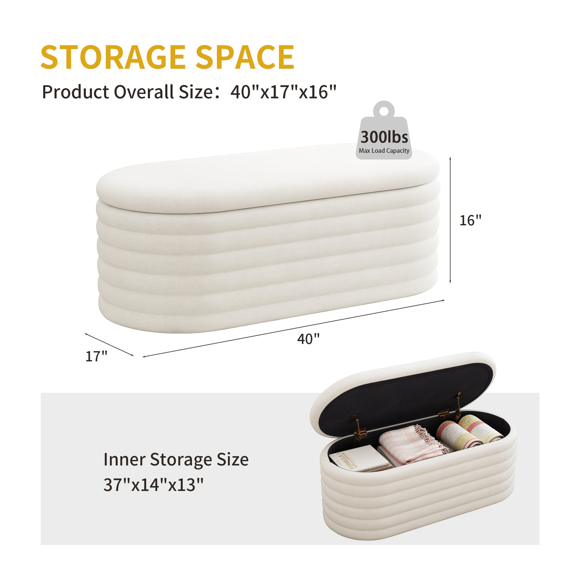 Storage Chenille Ottoman Bench Upholstered Fabric Storage Bench End Of Bed Stool With Safety Hinge For Bedroom, Living Room, Entryway, Closet 40 Inch, White White Contemporary Polyurethane Foam