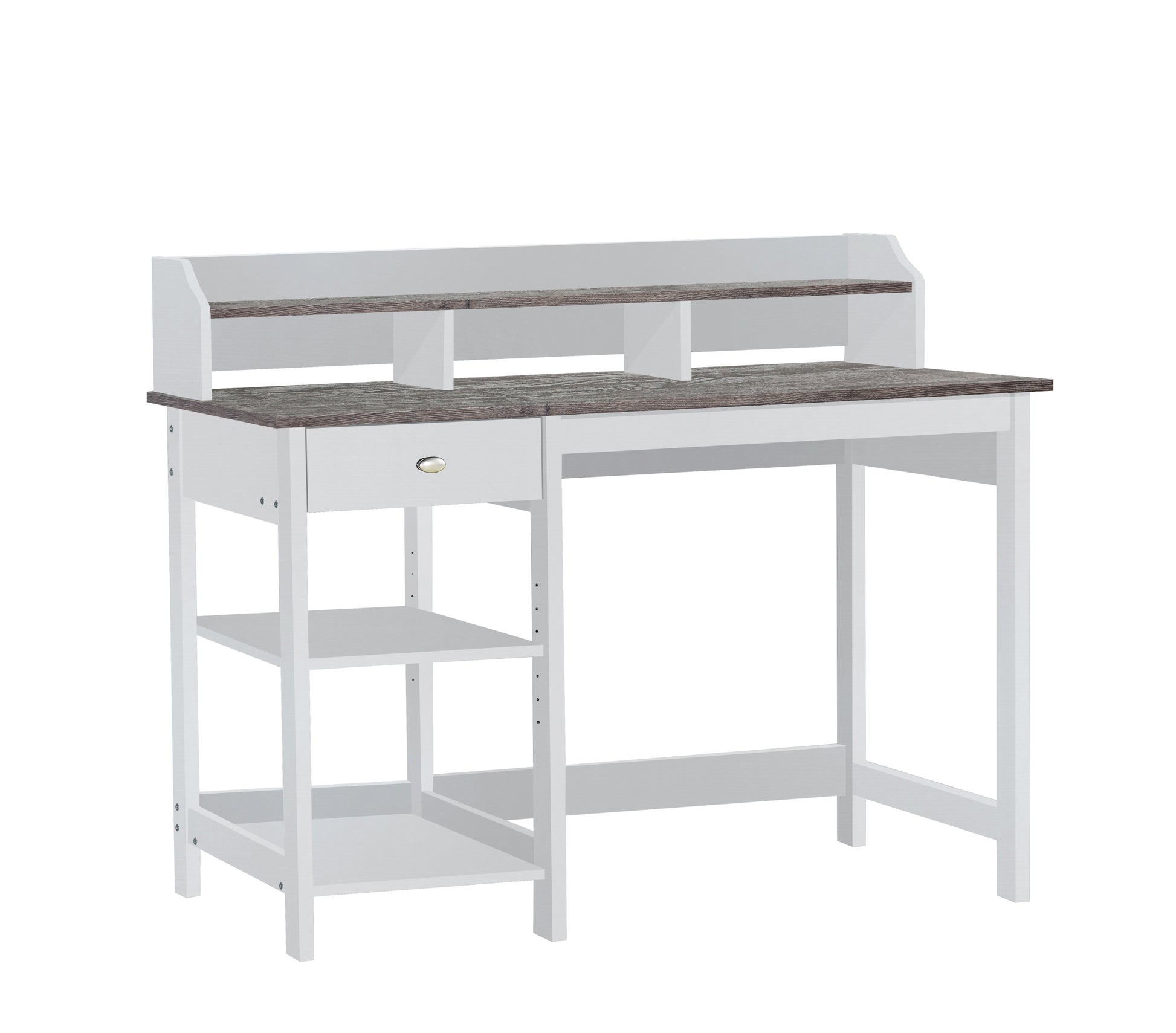 47" Writing Desk With Hutch "Contemporary Gray Oak And White Desk Versatile Workstation With Drawer, Adjustable Shelf, And Open Bookshelf For Home Or Office" White Solid Wood