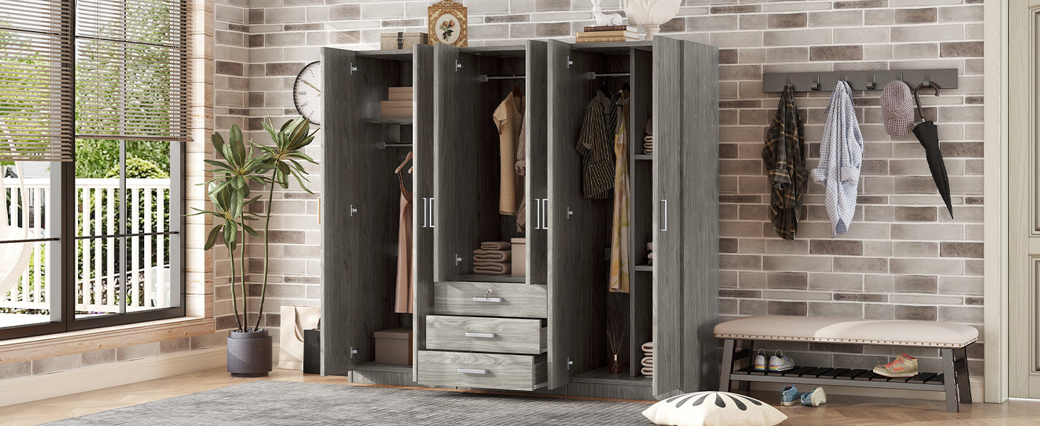 6 Doors Wooden Wardrobe Storage For Bedroom, With Big Drawers, Gray Gray Plywood