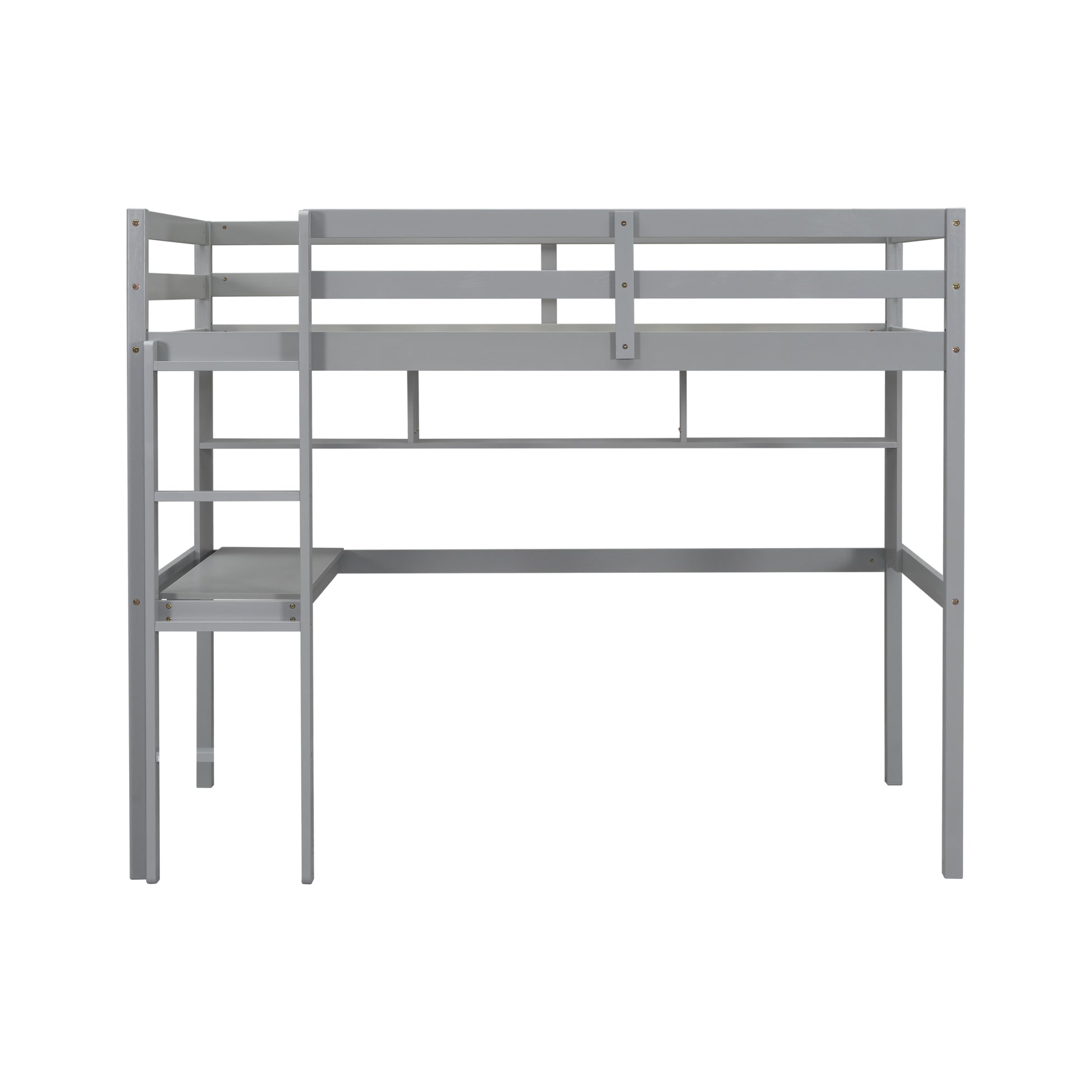 Twin Loft Bed With Built In Desk And Bookcase Of Three Compartments, Guardrails And Ladder,Grey Twin Grey Pine