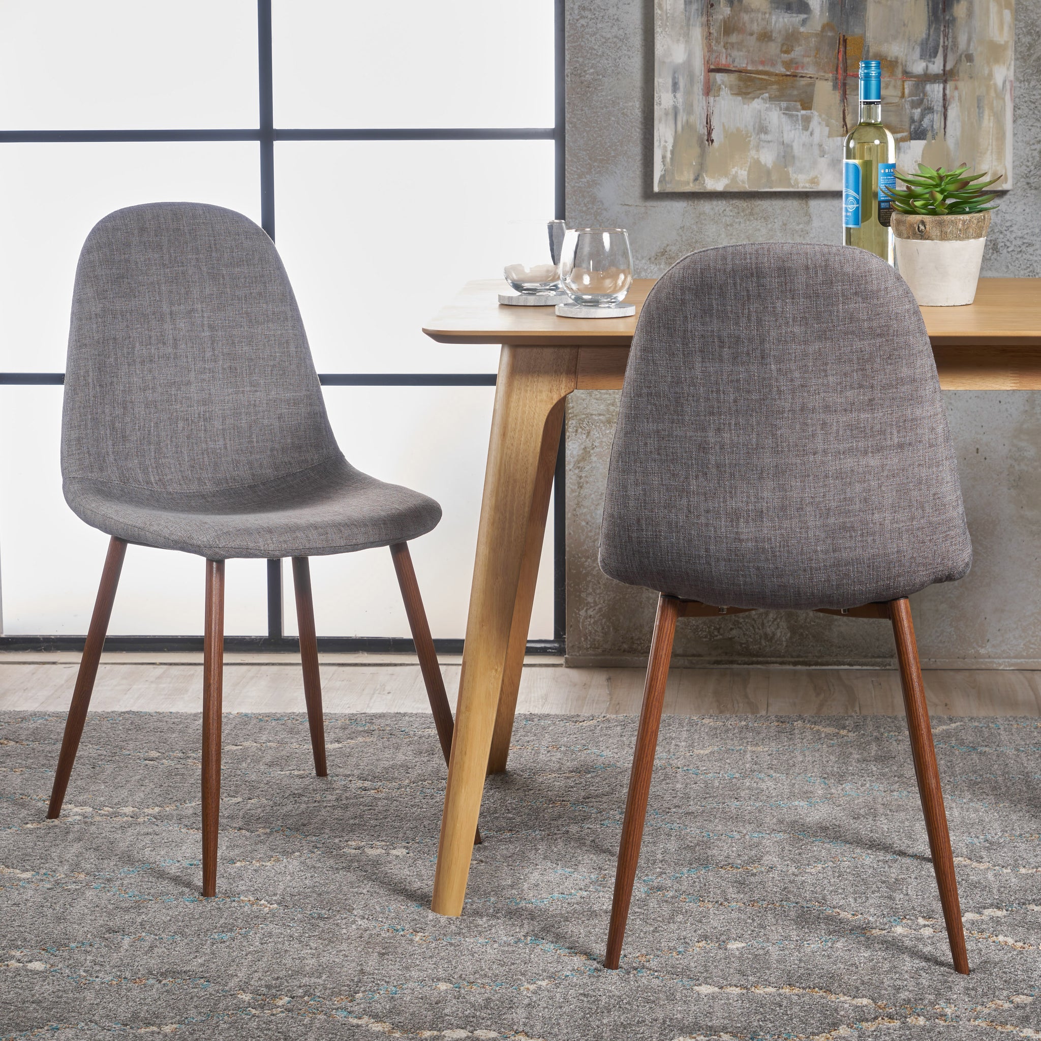 Mid Century Modern Fabric Upholstered Dining Chairs, Set Of 2, Light Gray And Dark Walnut Finish Iron Light Gray,Walnut Dining Room Wipe Clean Mid Century Modern Solid Back Set Of 2 Polyester