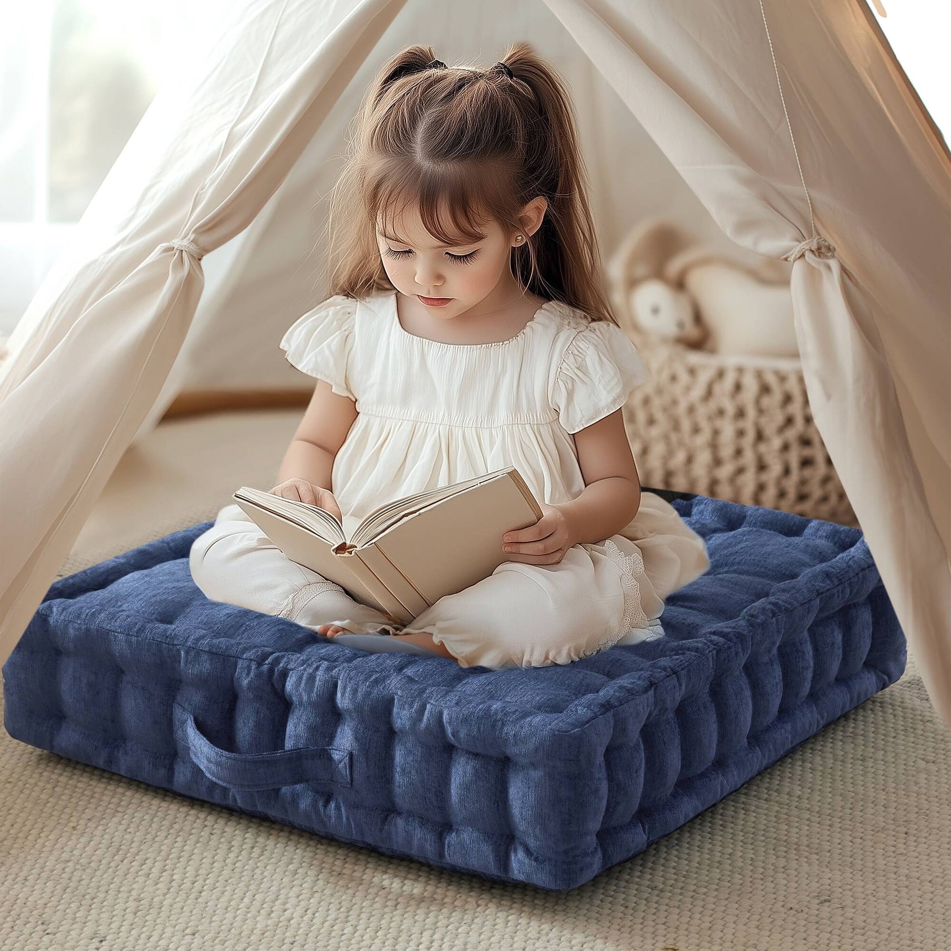 Poly Chenille Square Floor Pillow Cushion 24X24" Navy Blue Polyester