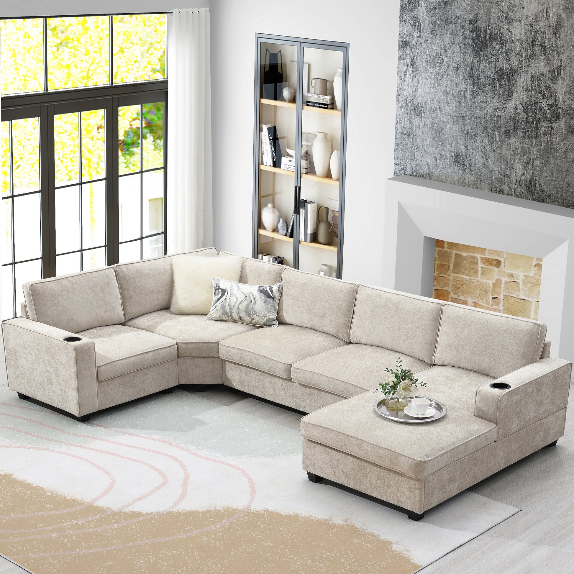 119*67" U Shaped Sectional Sofa,6 Seat Chenille Couch Set With Oversized Chaise Lounge,Irregular Corner,Deep Seat Comfy Sofa With Cup Holders For Living Room,Apartment,2 Colors Beige Chenille 6 Seat