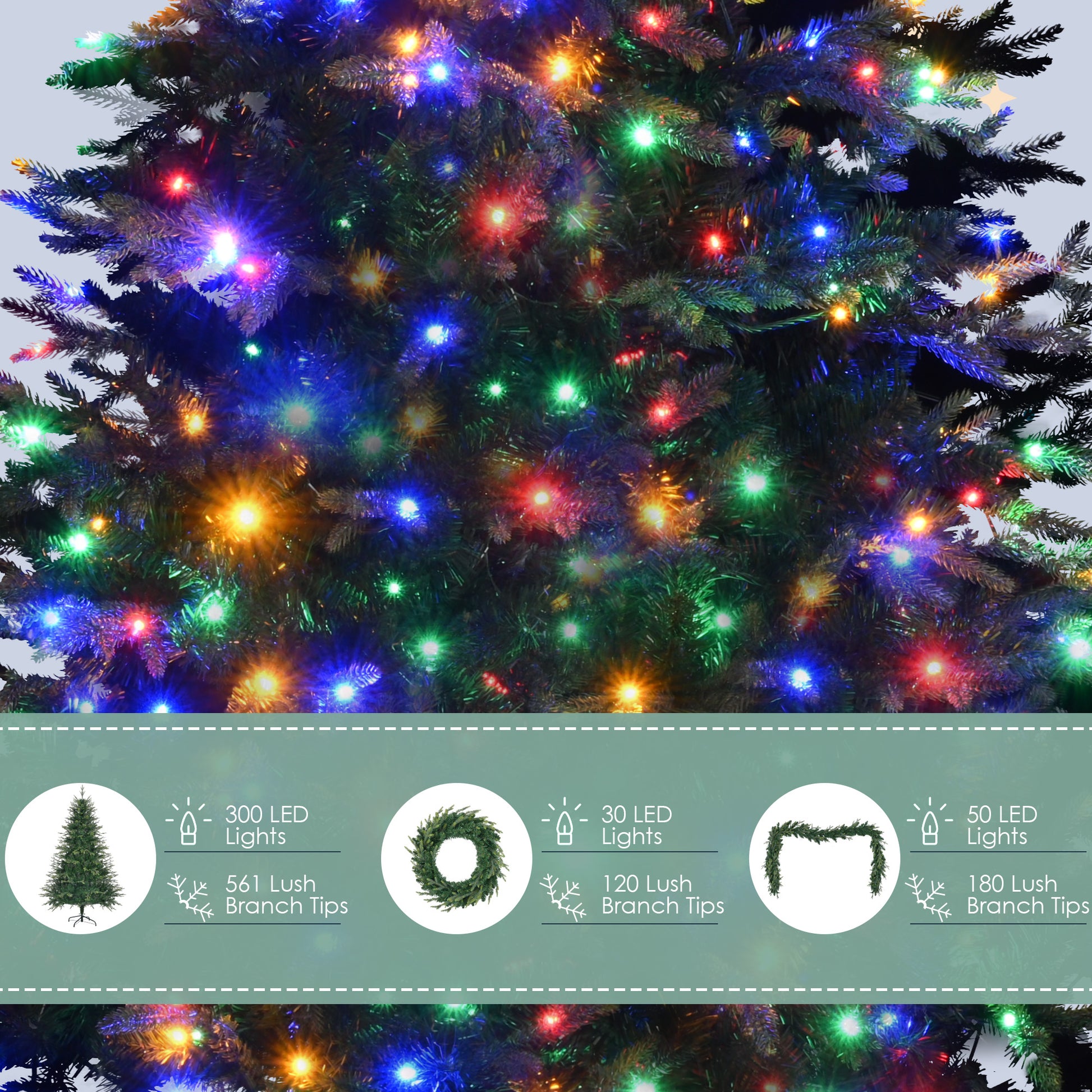 6Ft Pre Lit Aspen Fir Artificial Christmas Tree With Wreath & Garland,Grass Green Xmas Tree With 380 Multi Color Led Lights, 11 Lighting Modes, 861 Pe Branch Tips, For Indoor Holiday Decor Green Polyethylene