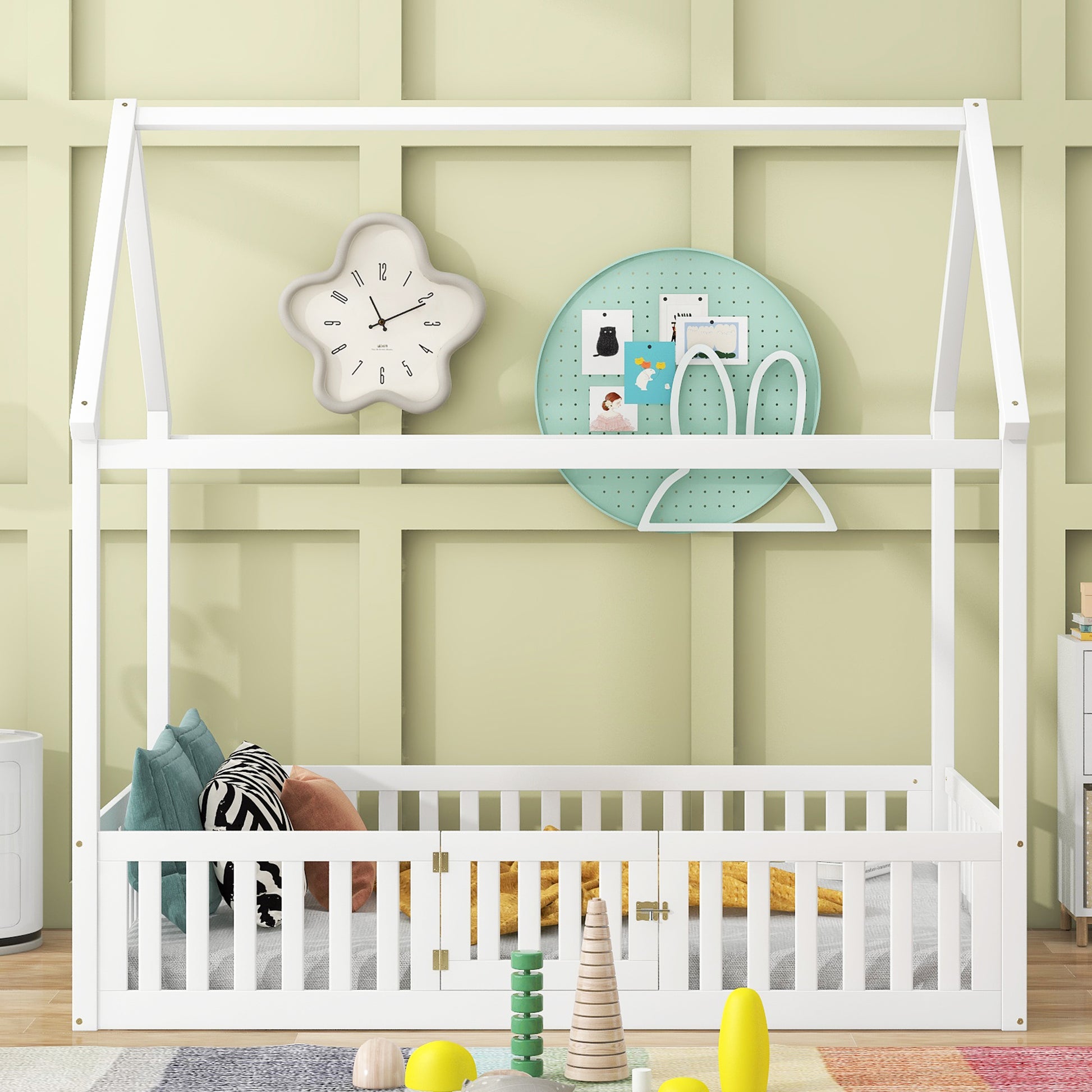 Full Size Wood House Bed With Fence And Door, White Old Sku: Wf303134Aak Box Spring Not Required Full White Wood Bedroom Bed Frame Pine