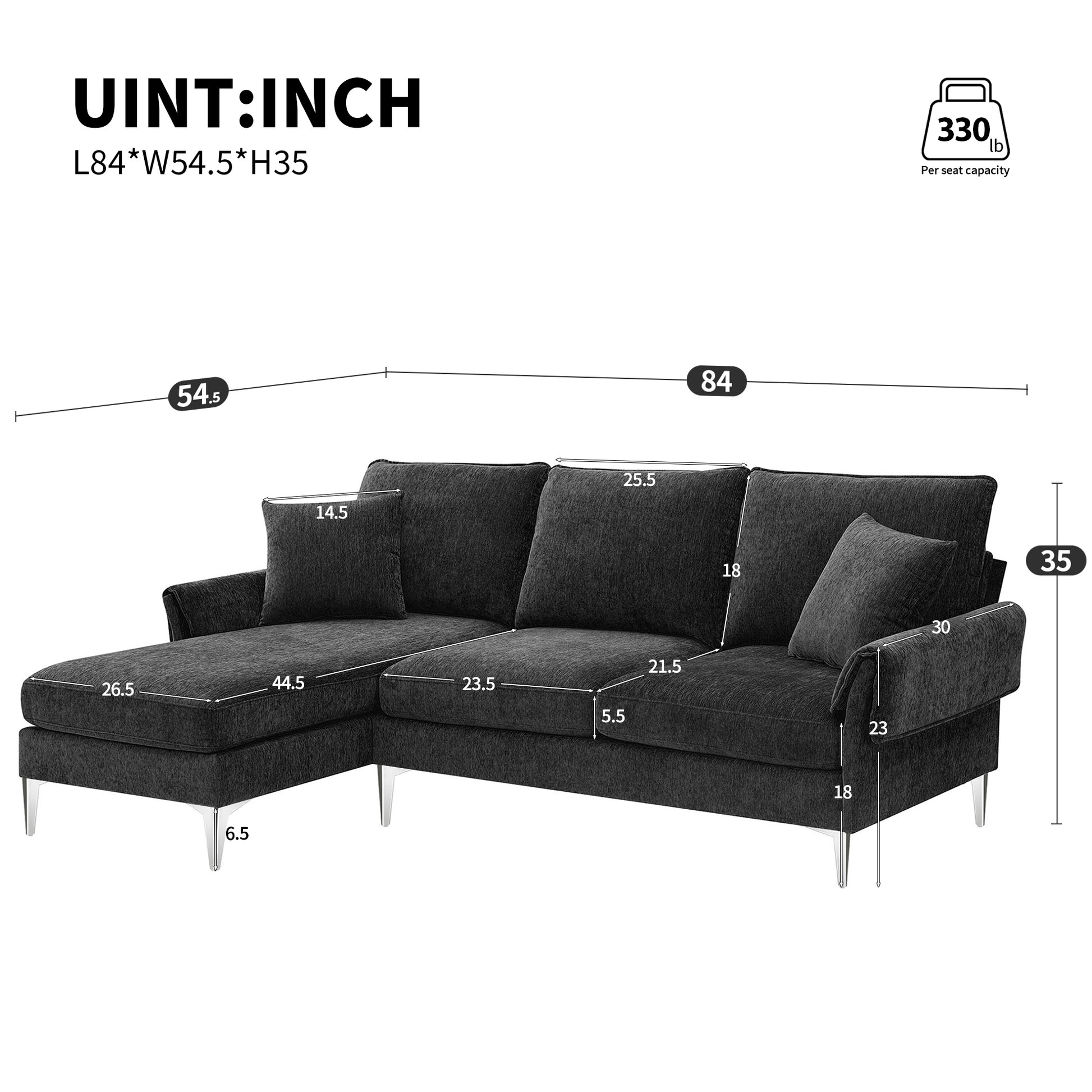 84 "Modern Chenille L Shaped Sofa With Reversible Lounge,Convertible Sectional Couch Set,4 Seat Indoor Furniture With Reversible Chaise,Fit For Living Room, Apartment 2 Pillows Black Chenille 4 Seat