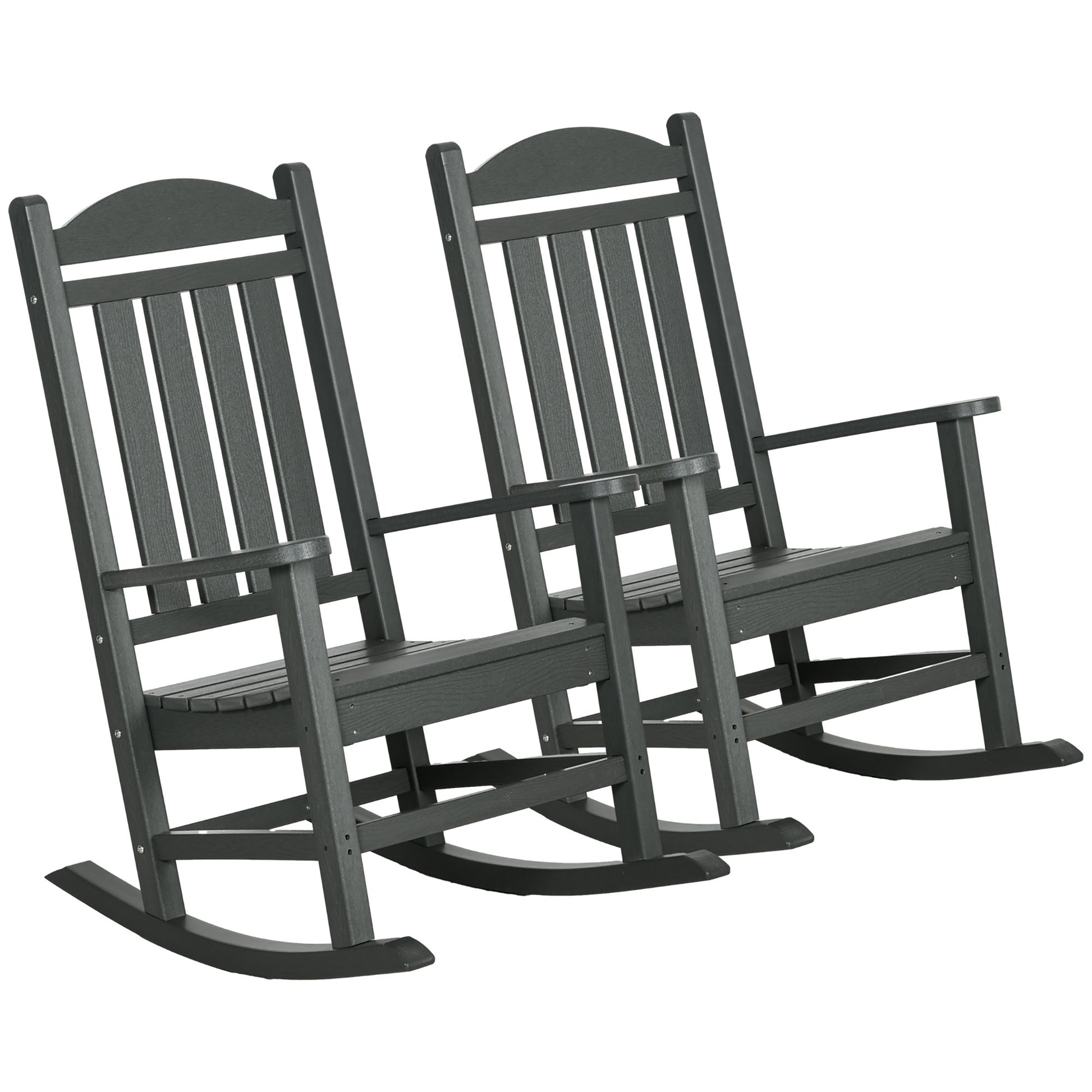 Outsunny 2 Pieces Outdoor Rocking Chair, All Weather Resistant Hdpe Rocking Patio Chairs With Rustic High Back, Armrests, Oversized Seat And Slatted Backrest, 350Lbs Weight Capacity, Dark Gray Dark Gray Plastic