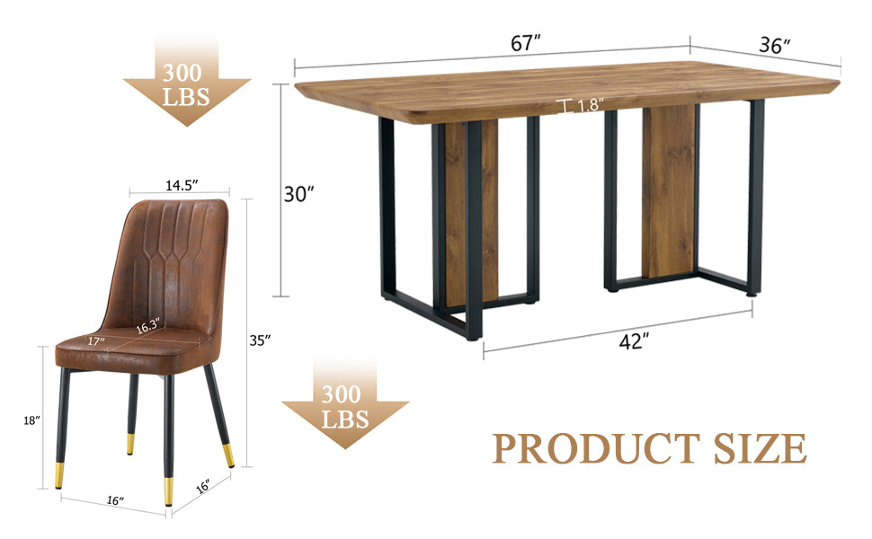 Table And Chair Set.67"X36" Wood Textured Mdf Dining Table Set With 4 Brown Suede Chairs.Mdf Sticker,Wood Colored Texture Sticker,Brown Armless Dining Chair,Suitable For Kitchen,Dining Room,Etc.