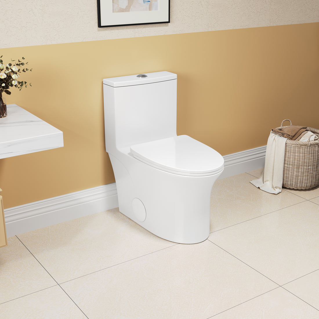 1.1 1.6 Gpf Elongated Comfort Height Floor Mounted One Piece Toilet, Cupc Certified, Watersense Cetified, Ceramic, White Color, Soft Close Seat White Ceramic