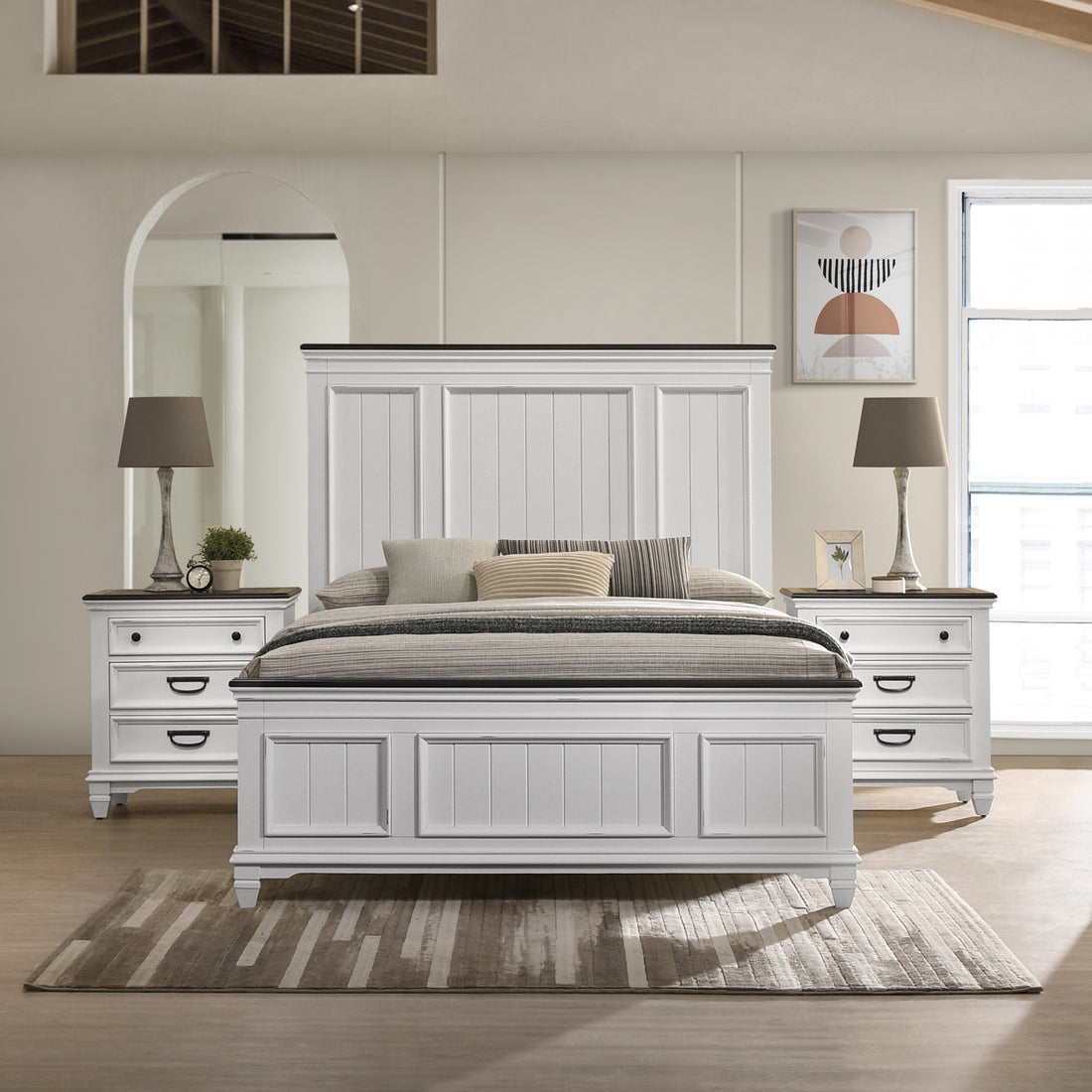 Clelane 3 Piece Wood Bedroom Set, Lap Panel Queen Bed And 2 Nightstand Box Spring Required Queen Antique White Gray Wood White 3 Piece Set Bedroom Bed Included,Nightstand Included Contemporary,Modern Rubberwood Distressed Finish Wood