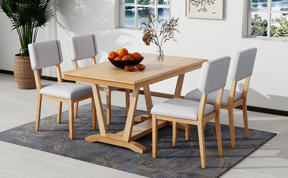 Rustic 5 Piece Dining Table Set With 4 Upholstered Chairs, 59 Inch Rectangular Dining Table With Trestle Table Base, Naural Wood Dining Room Solid Wood Rubberwood Rectangular Dining Table With Chair