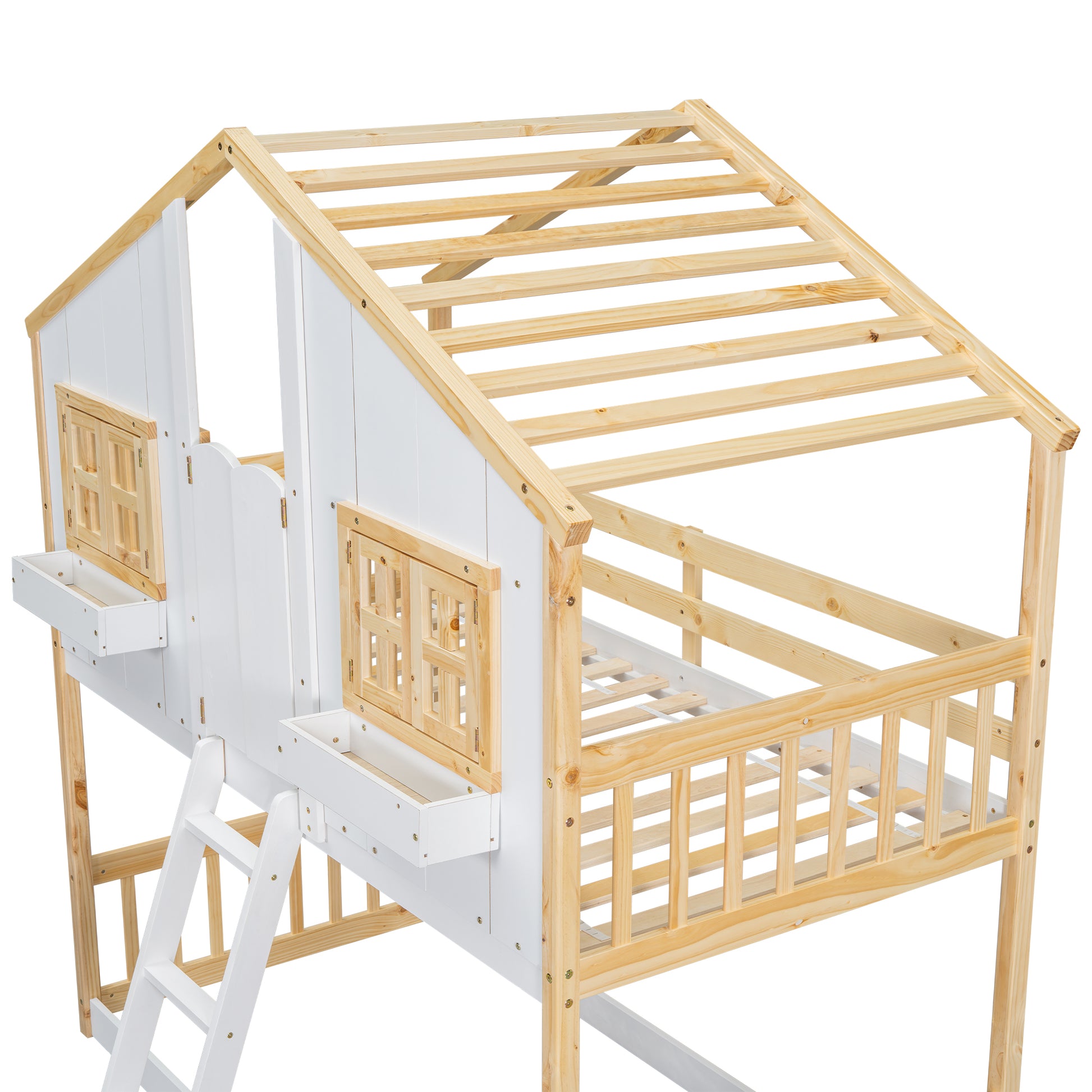 Twin Over Twin House Bunk Bed With Roofwindow, Window Box, Doorwith Safety Guardrails And Ladder, Natural White Twin Natural White Pine