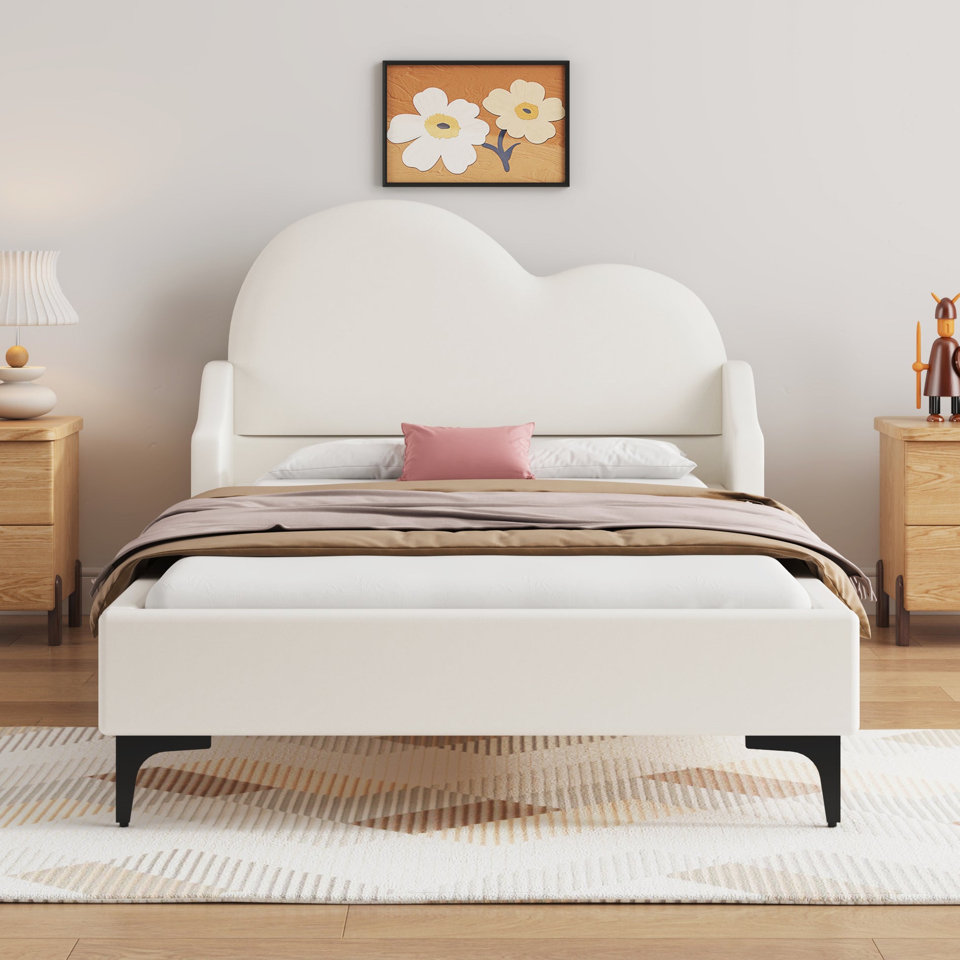 Twin Size Upholstered Platform Bed With Cloud Shaped Headboard, Beige Box Spring Not Required Twin Beige Bedroom Polyester Upholstered